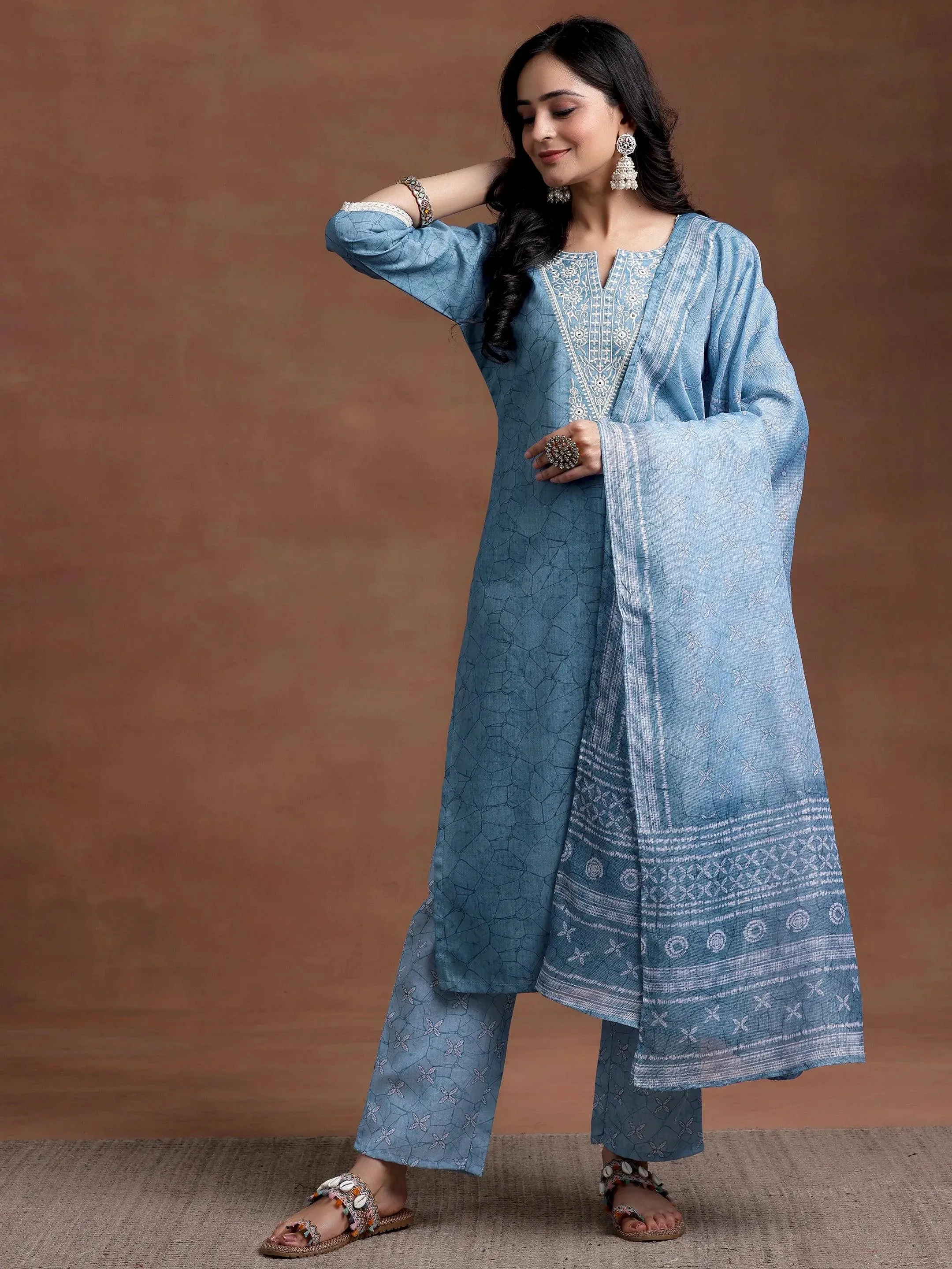 Blue Yoke Design Cotton Straight Suit With Dupatta