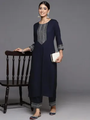 Blue Yoke Design Rayon Straight Kurta Set