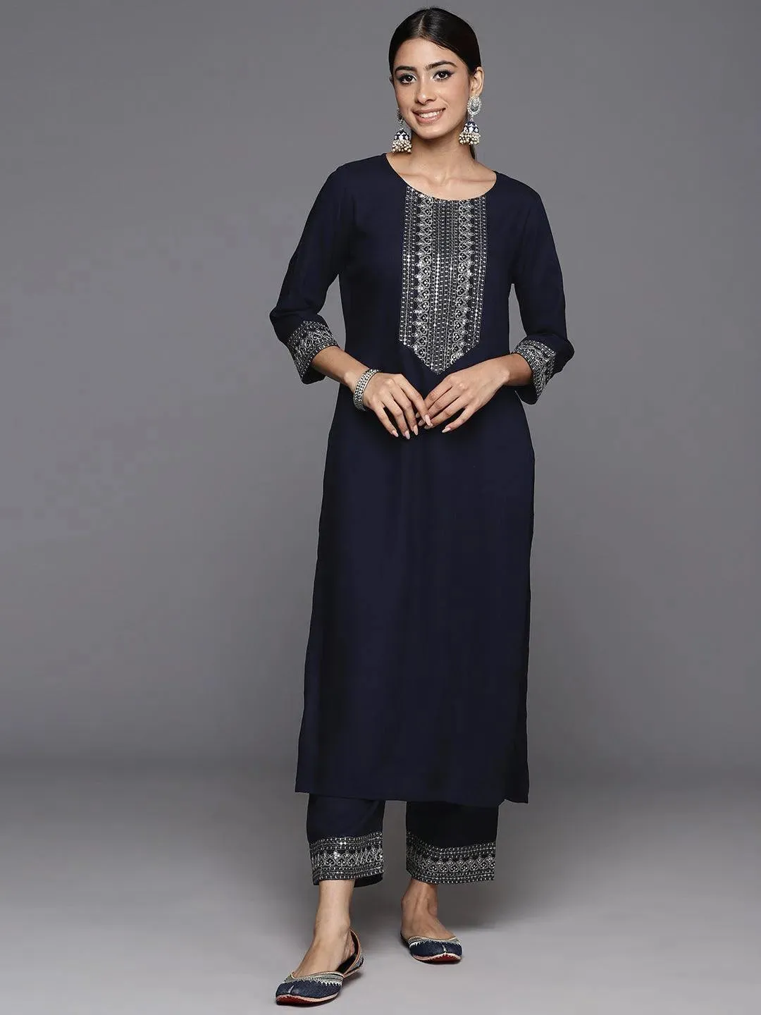 Blue Yoke Design Rayon Straight Kurta Set