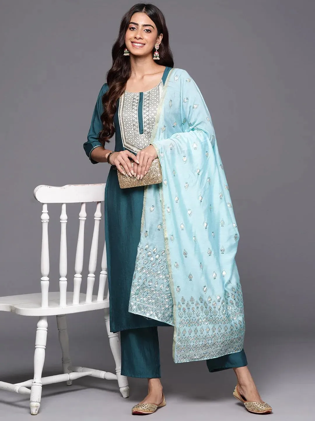 Blue Yoke Design Silk Blend Straight Suit With Dupatta