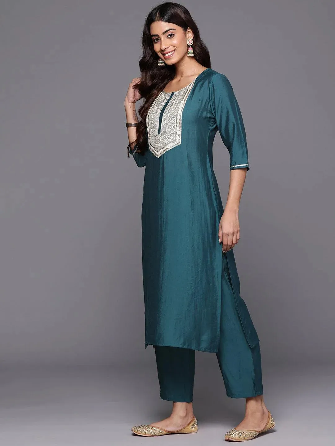 Blue Yoke Design Silk Blend Straight Suit With Dupatta