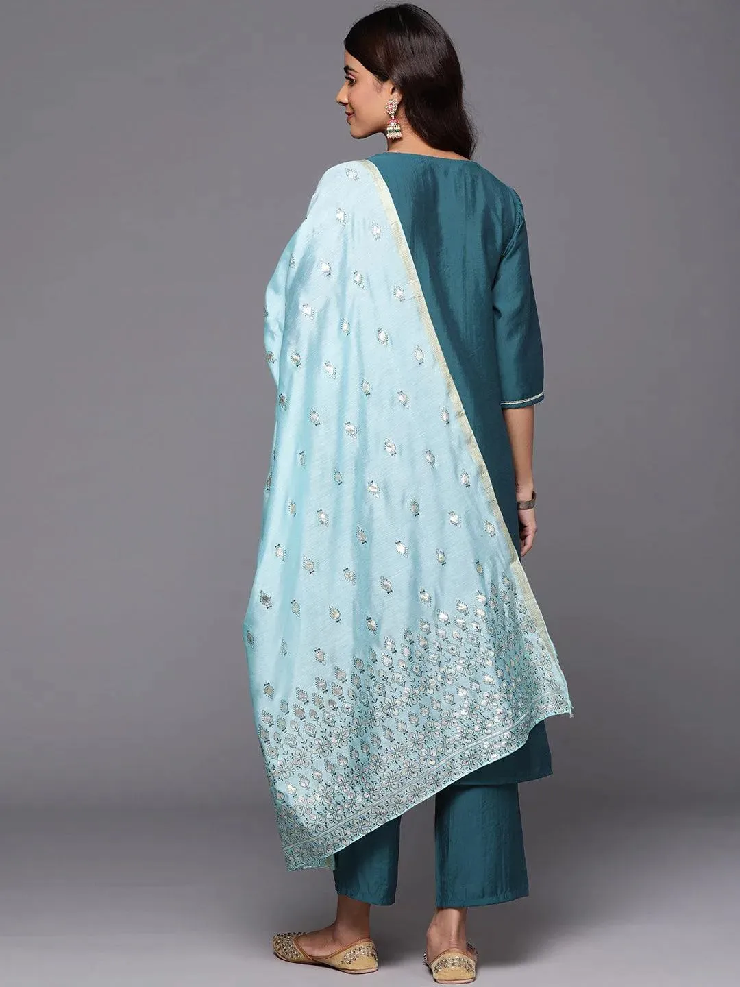 Blue Yoke Design Silk Blend Straight Suit With Dupatta