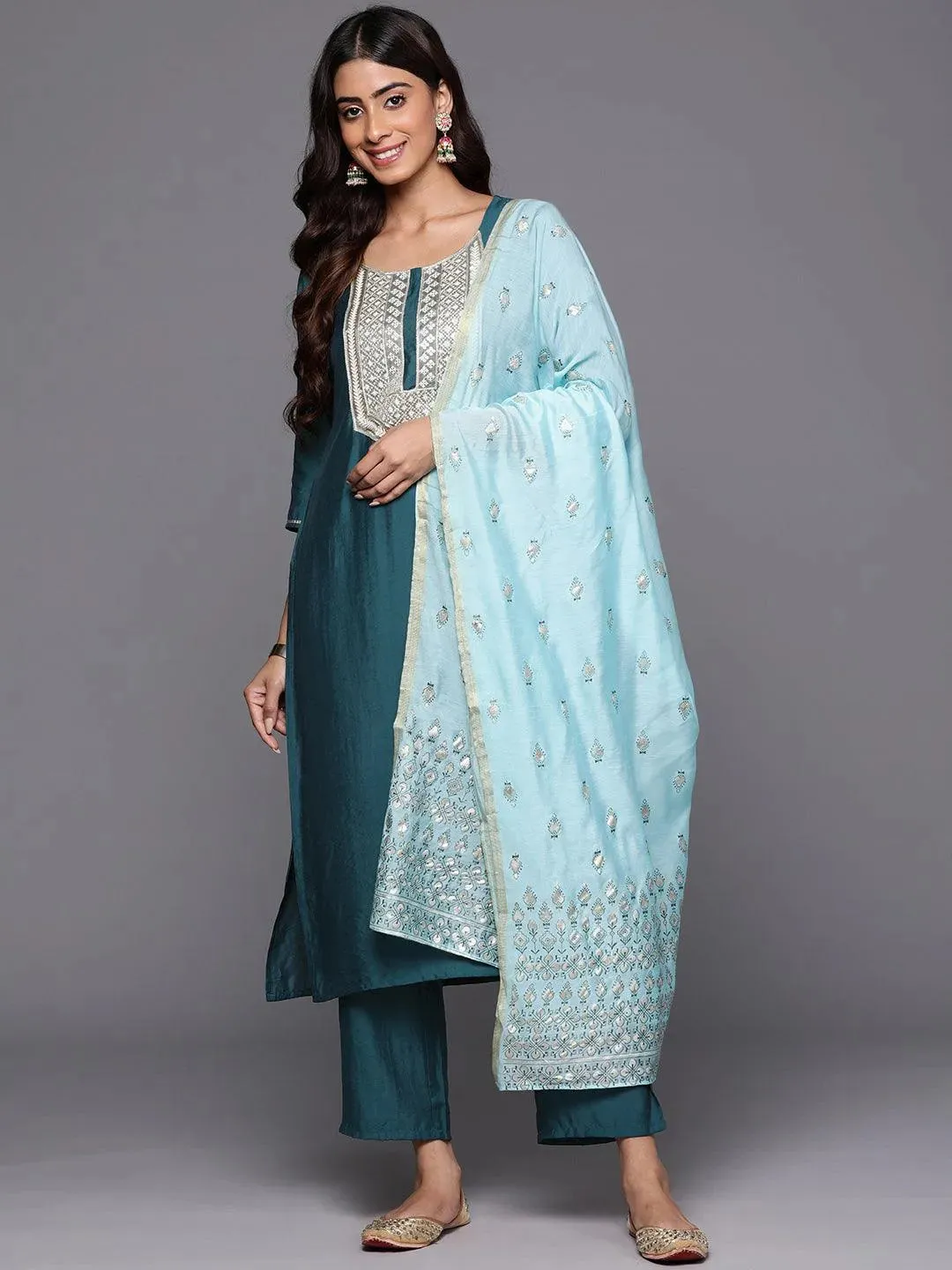 Blue Yoke Design Silk Blend Straight Suit With Dupatta