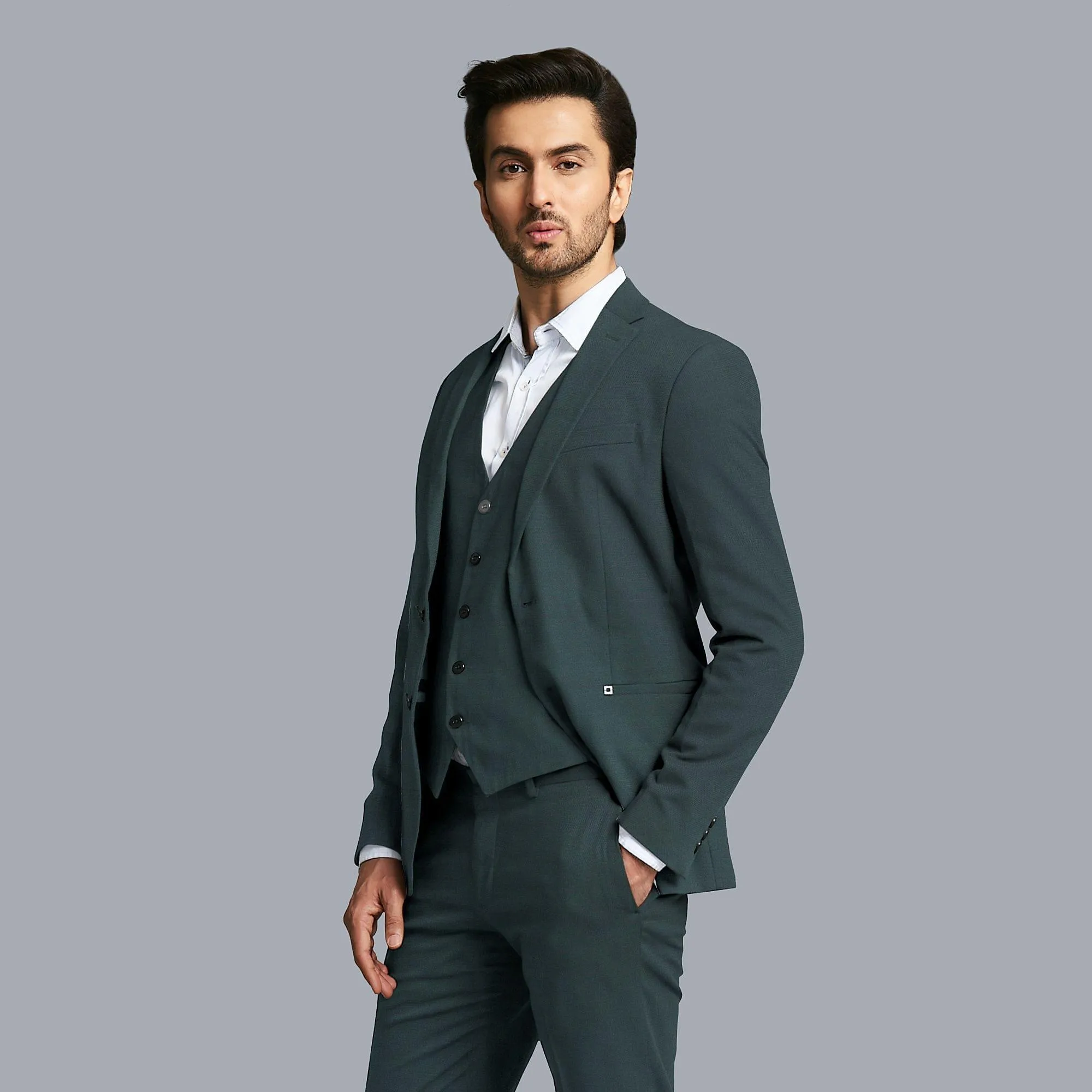 Bottle green plain Premium English super 150's blended wool and cashmere suiting fabric-D10930