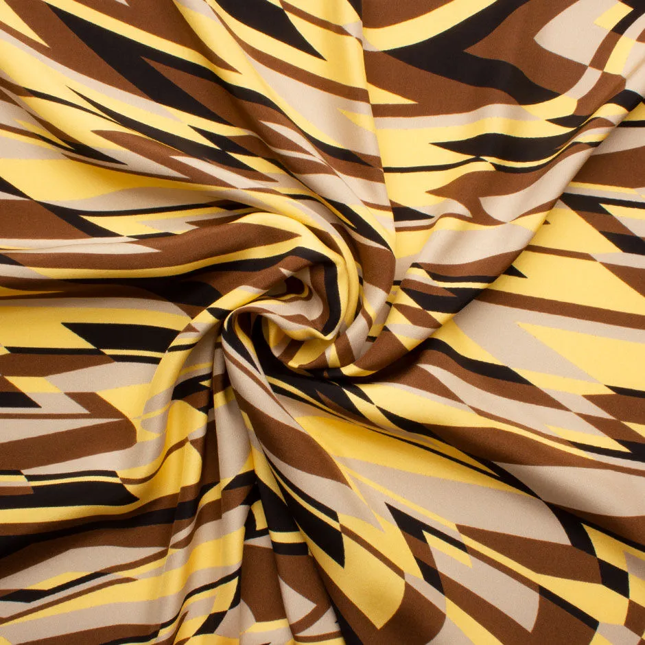 Brown, Beige & Yellow Geometric Printed Silk