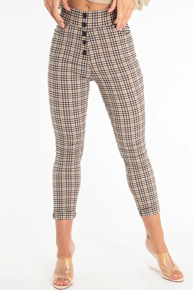 Brown Check Button Front Skinny Leg Trousers - Simone