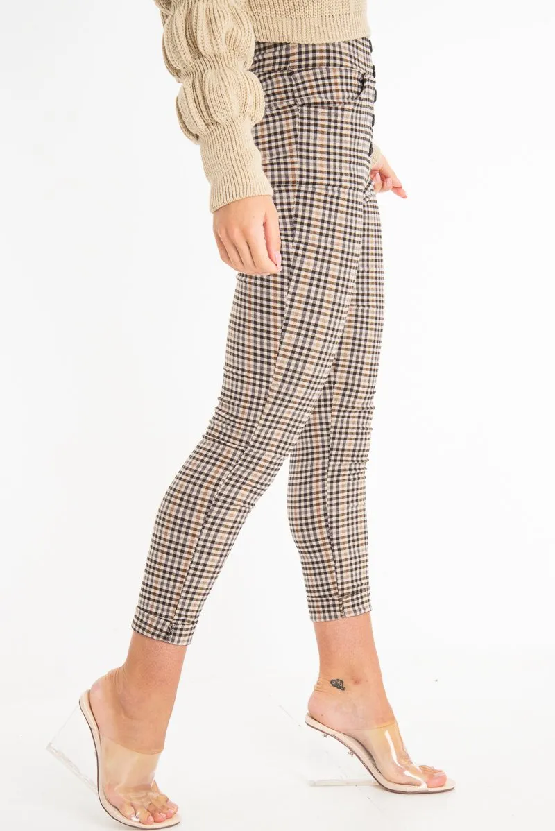 Brown Check Button Front Skinny Leg Trousers - Simone