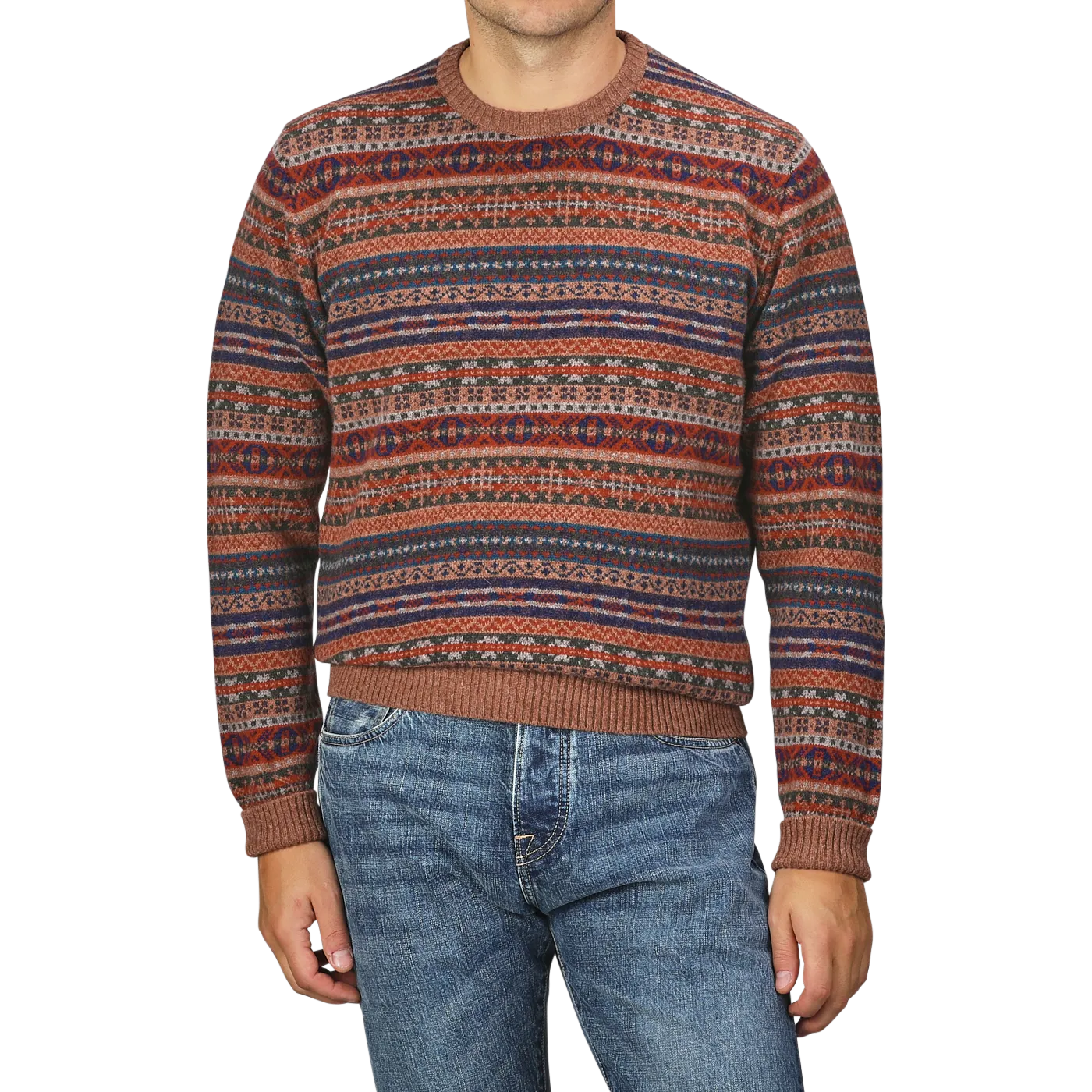 Brown Fair Isle Crew Neck Lambswool Sweater