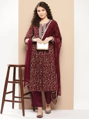 Burgundy Yoke Design Georgette A-Line Kurta With Trousers & Dupatta