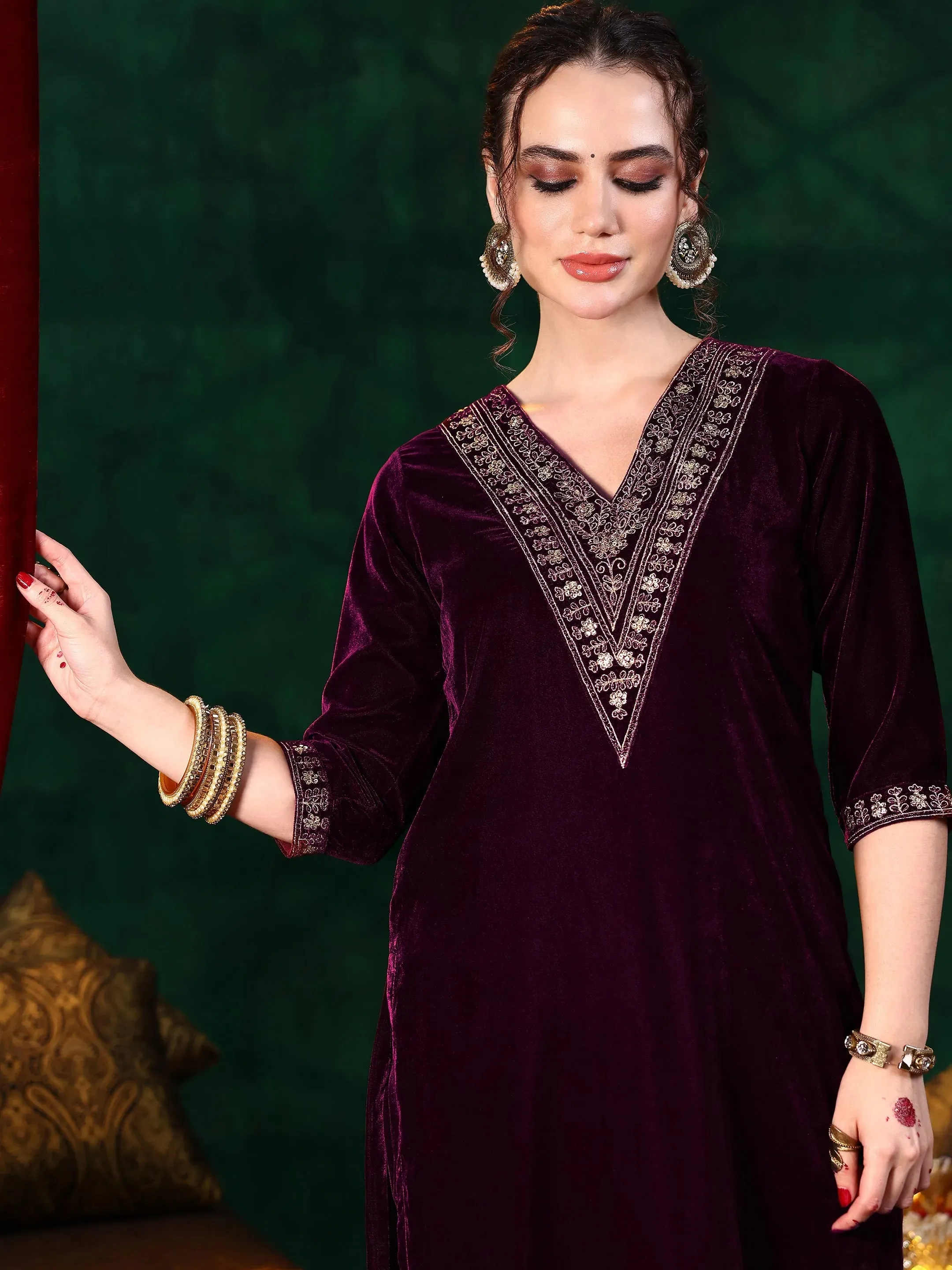 Burgundy Yoke Design Velvet Straight Suit With Dupatta