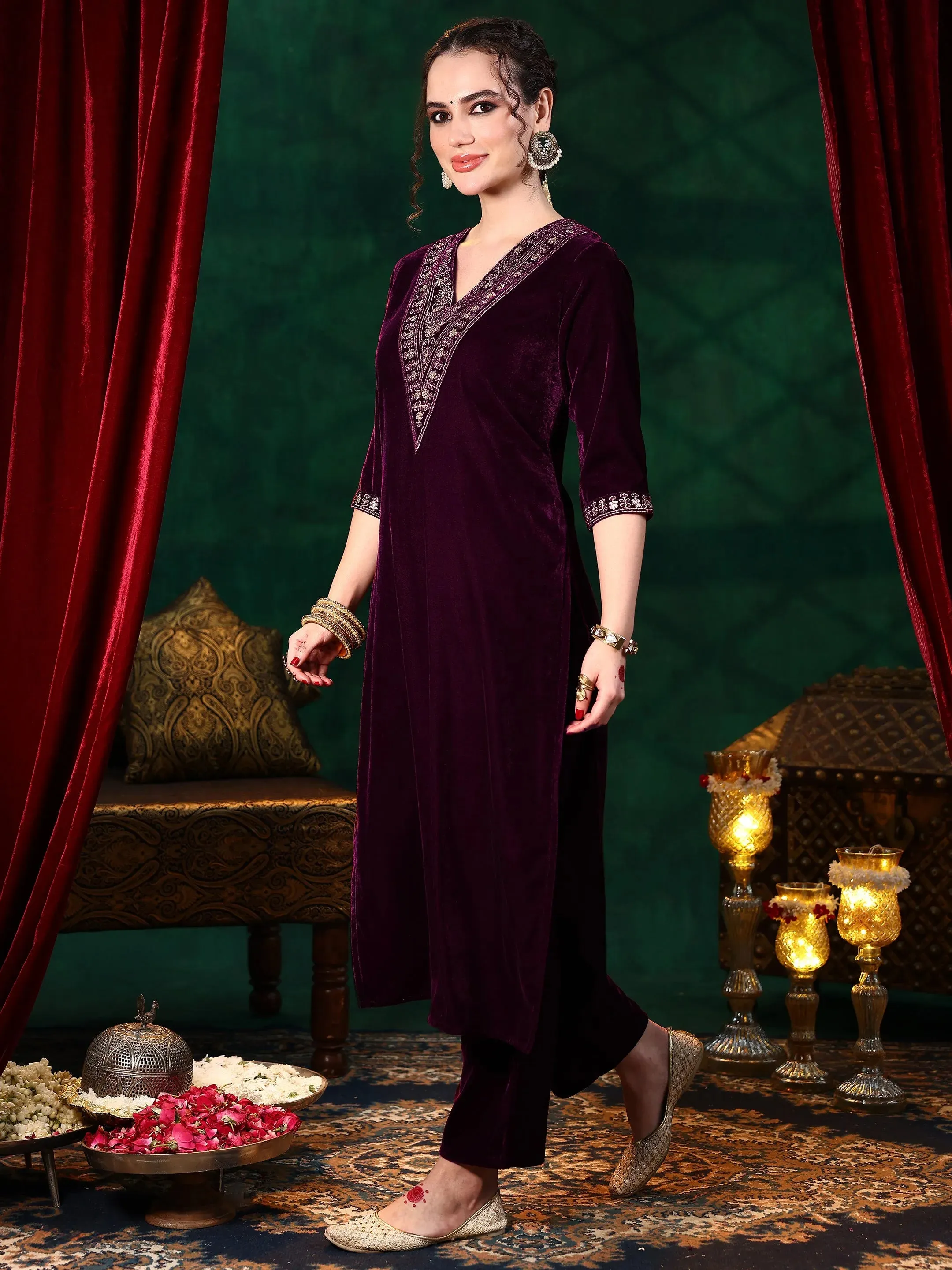 Burgundy Yoke Design Velvet Straight Suit With Dupatta