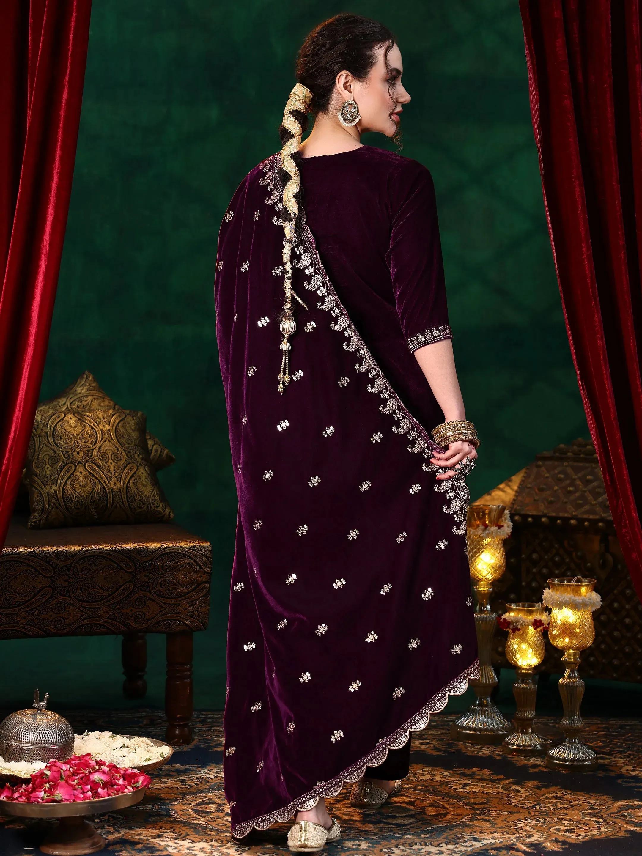 Burgundy Yoke Design Velvet Straight Suit With Dupatta