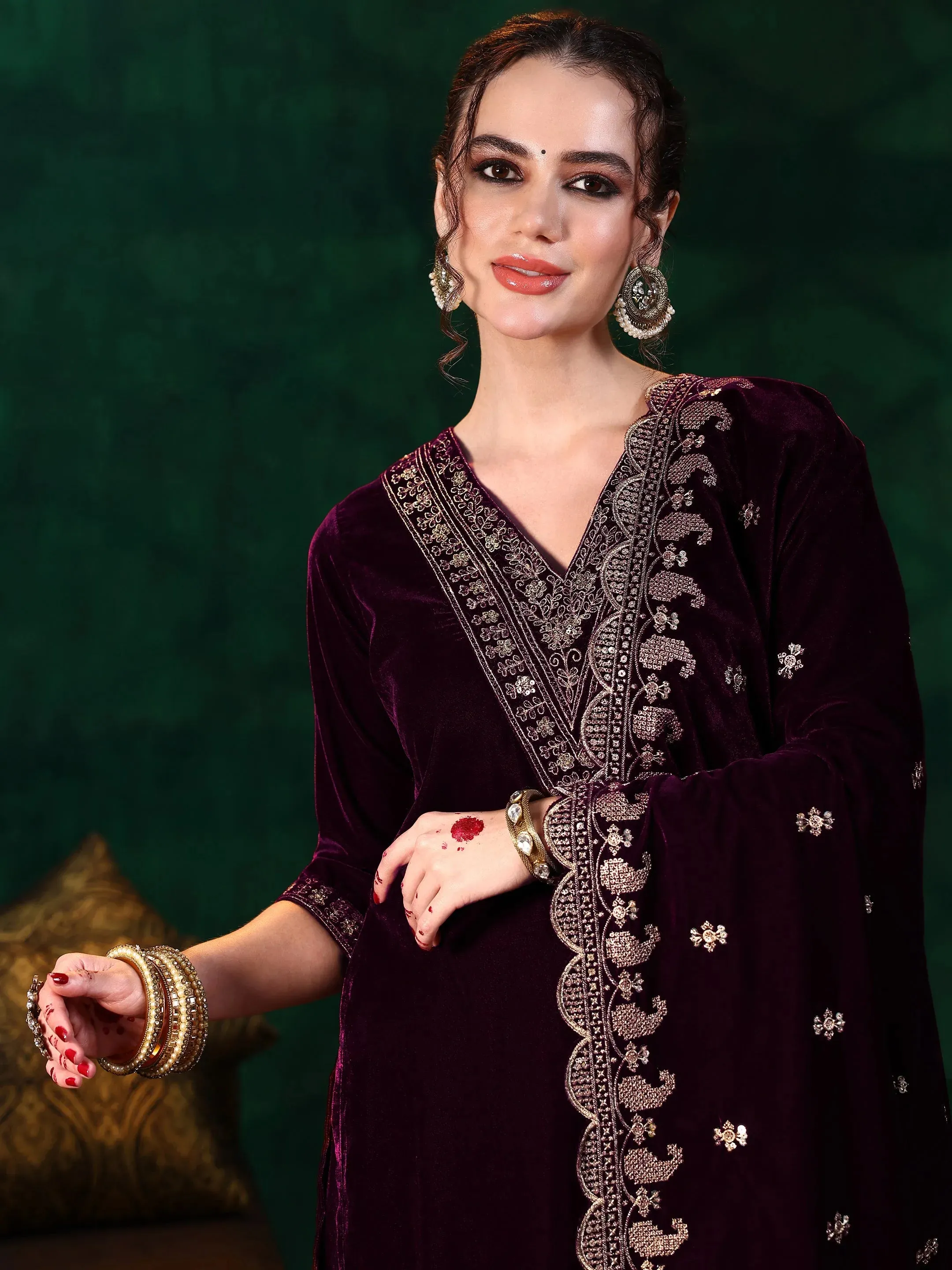 Burgundy Yoke Design Velvet Straight Suit With Dupatta