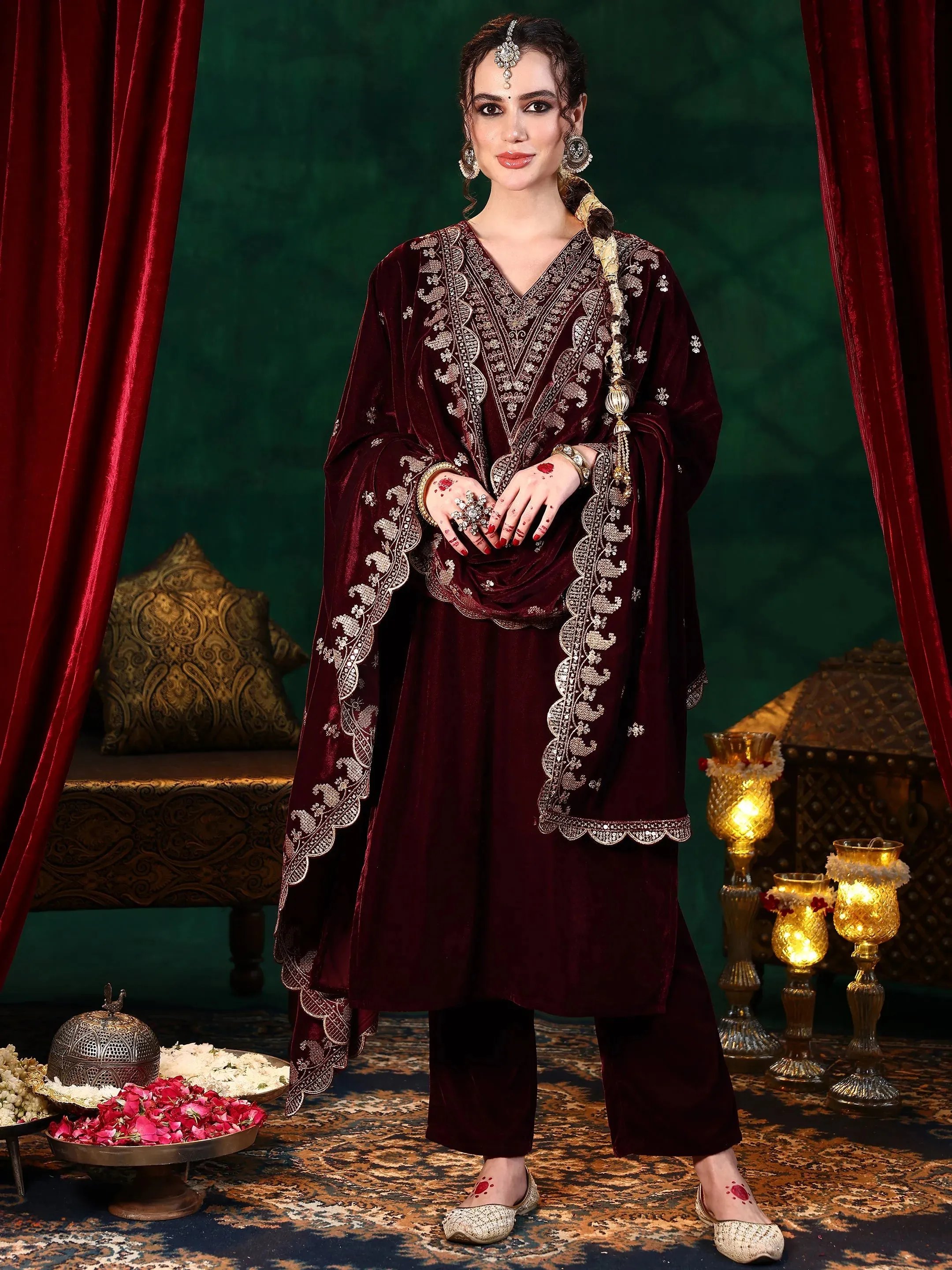 Burgundy Yoke Design Velvet Straight Suit With Dupatta