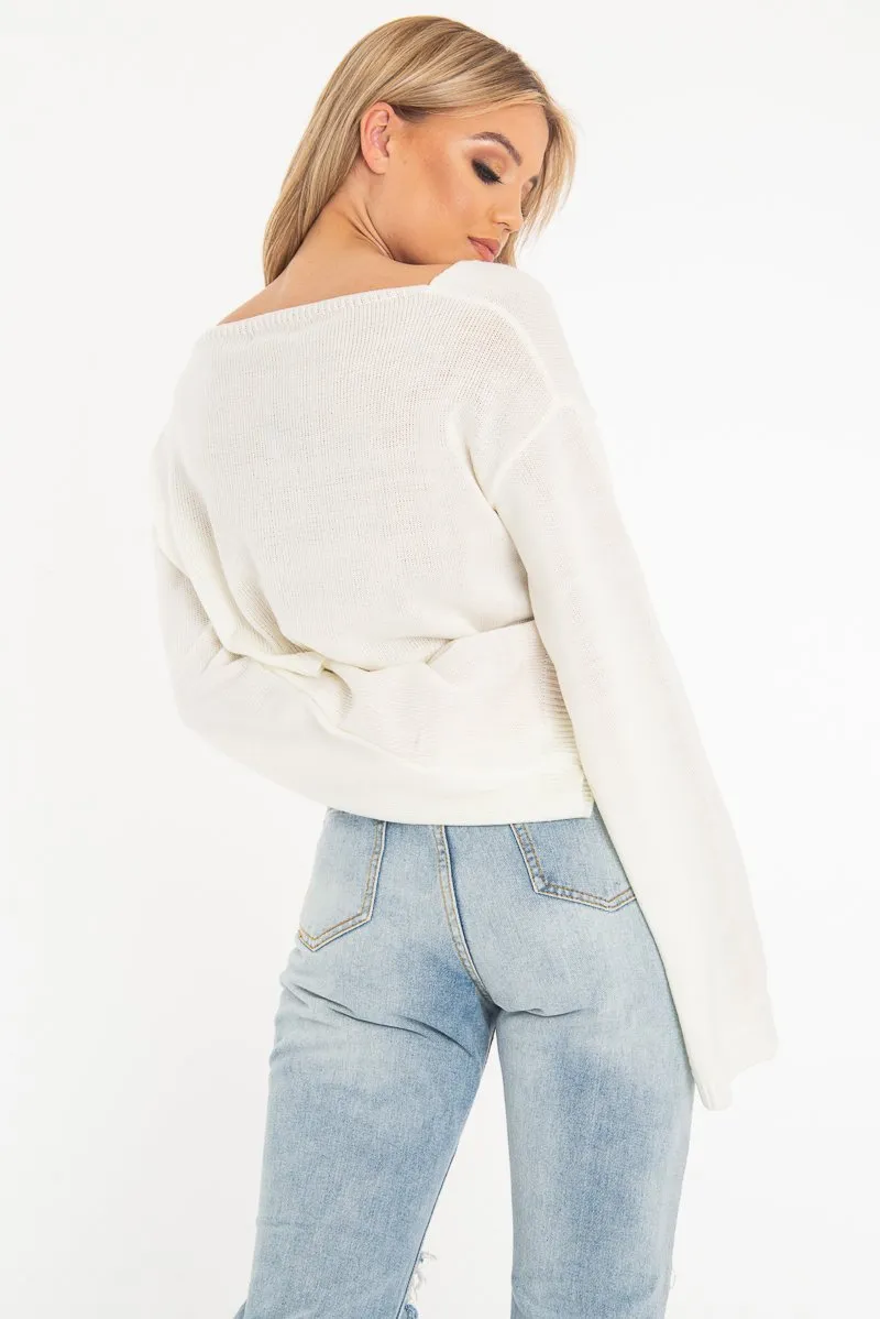 Cream Scoop Neck Knitted Cropped Jumper - Livvy