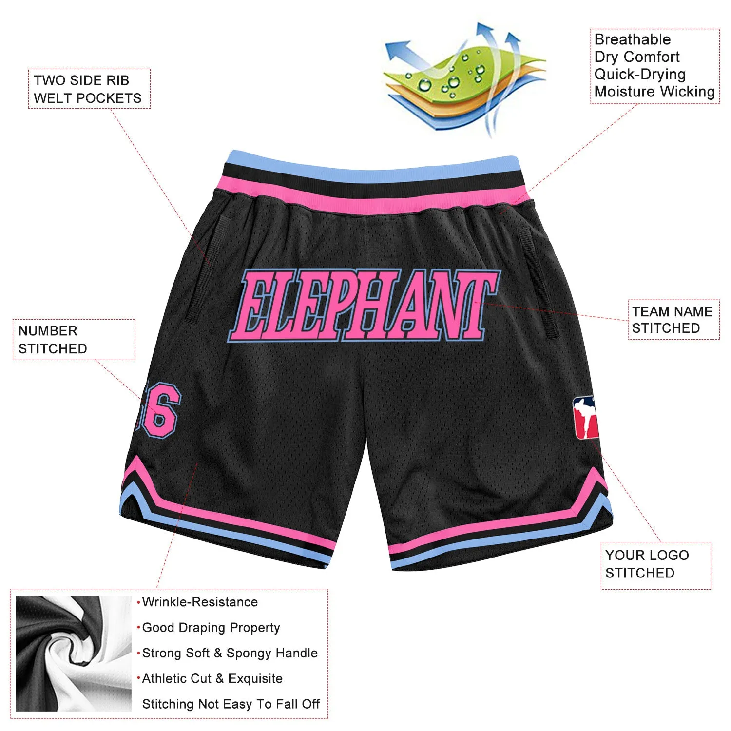 Custom Black Pink-Light Blue Authentic Throwback Basketball Shorts