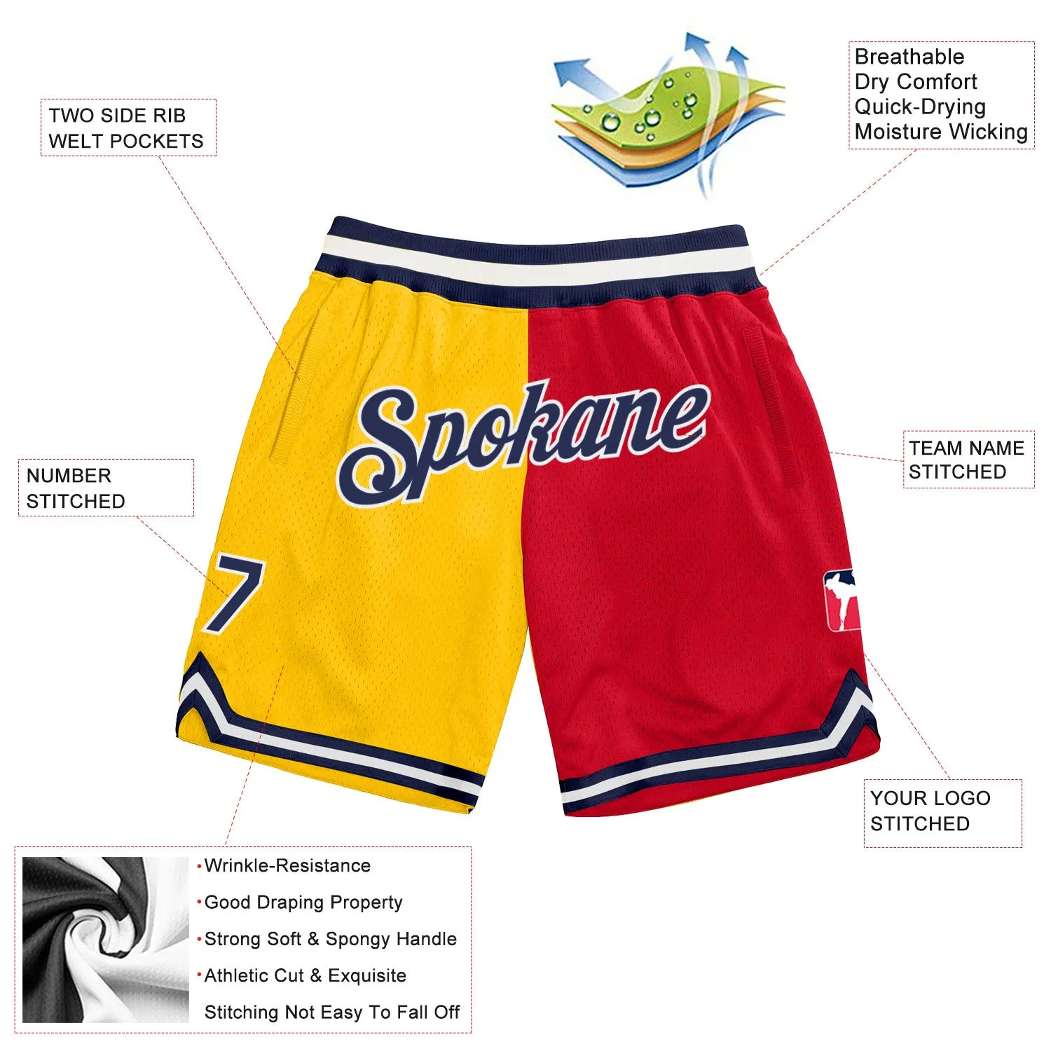 Custom Gold Navy-Red Authentic Throwback Split Fashion Basketball Shorts