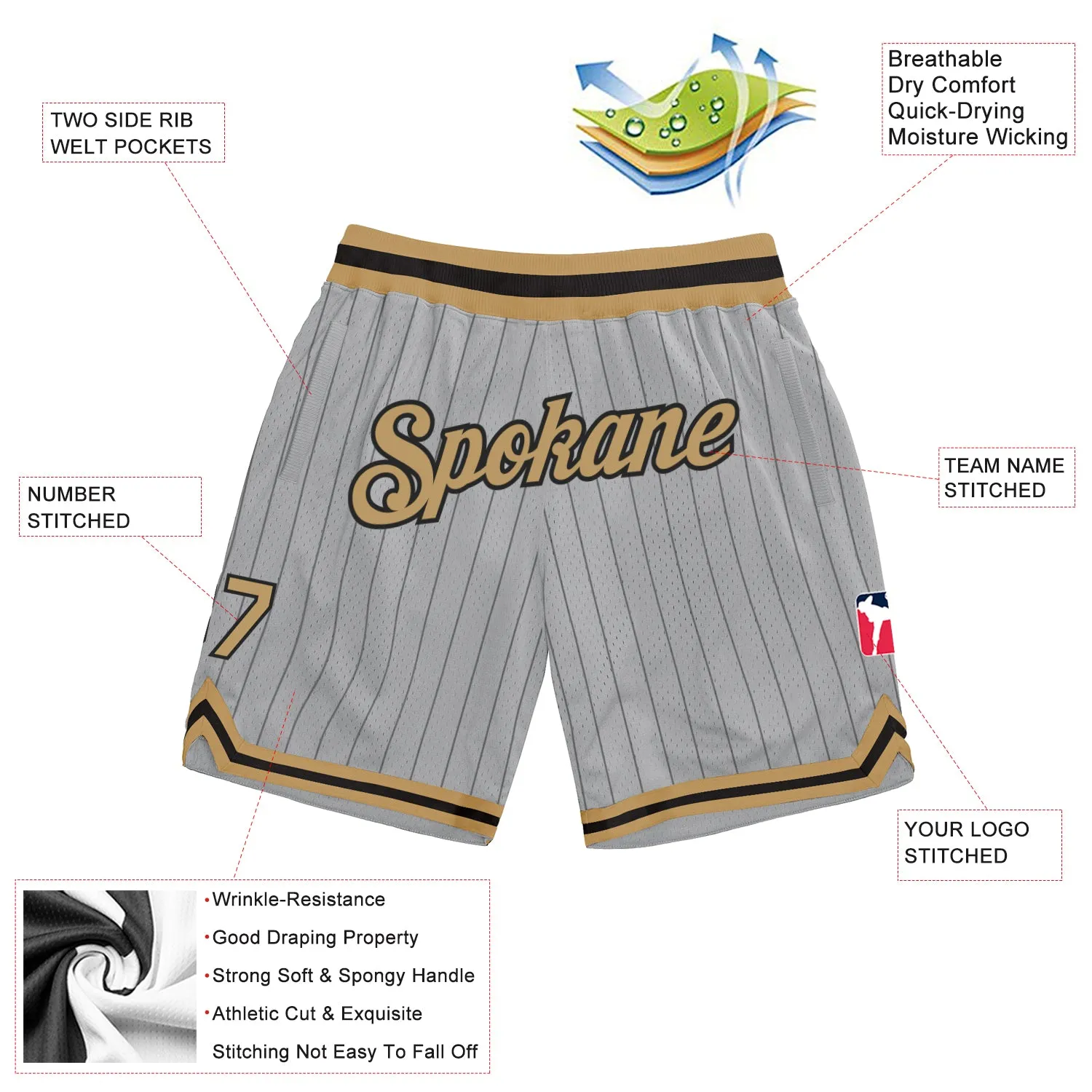 Custom Gray Black Pinstripe Old Gold-Black Authentic Basketball Shorts