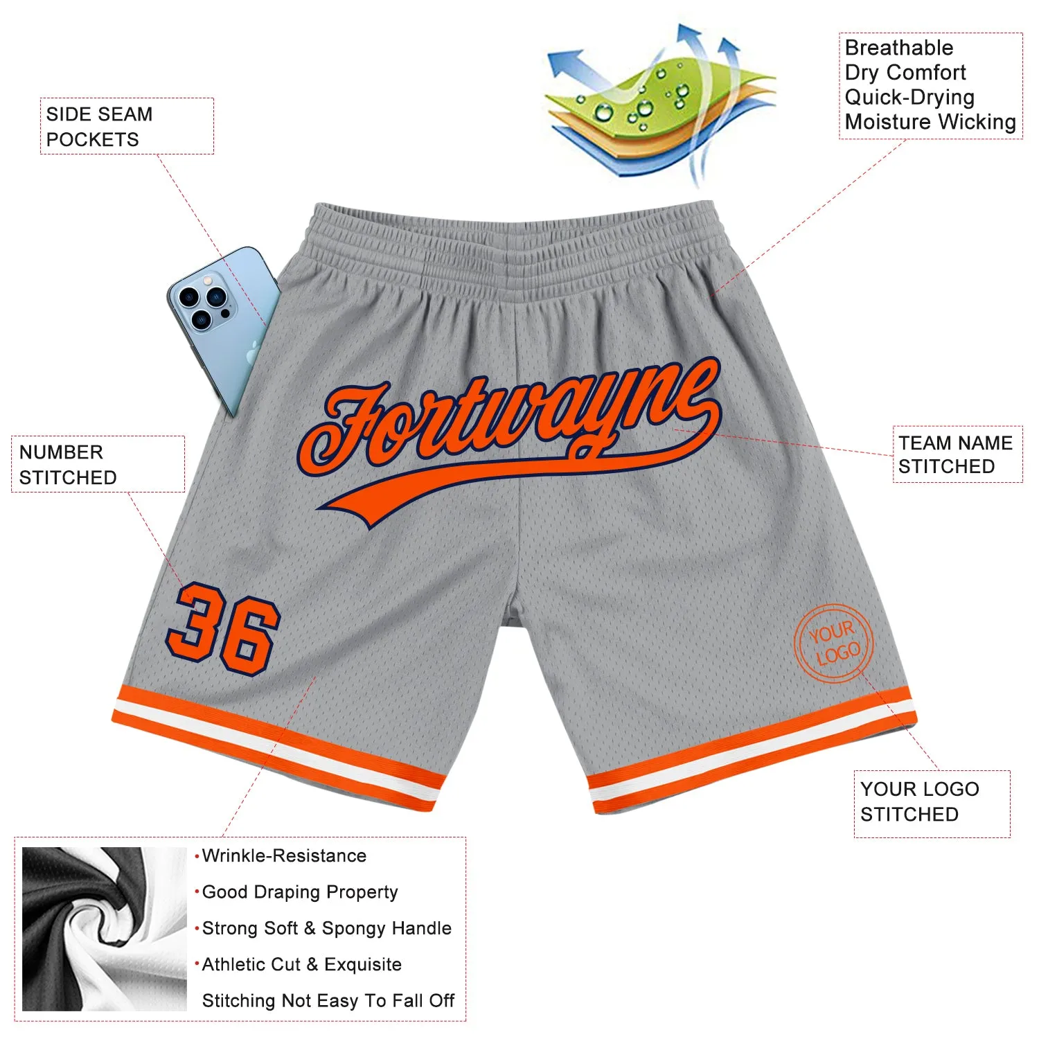 Custom Gray Orange-Navy Authentic Throwback Basketball Shorts