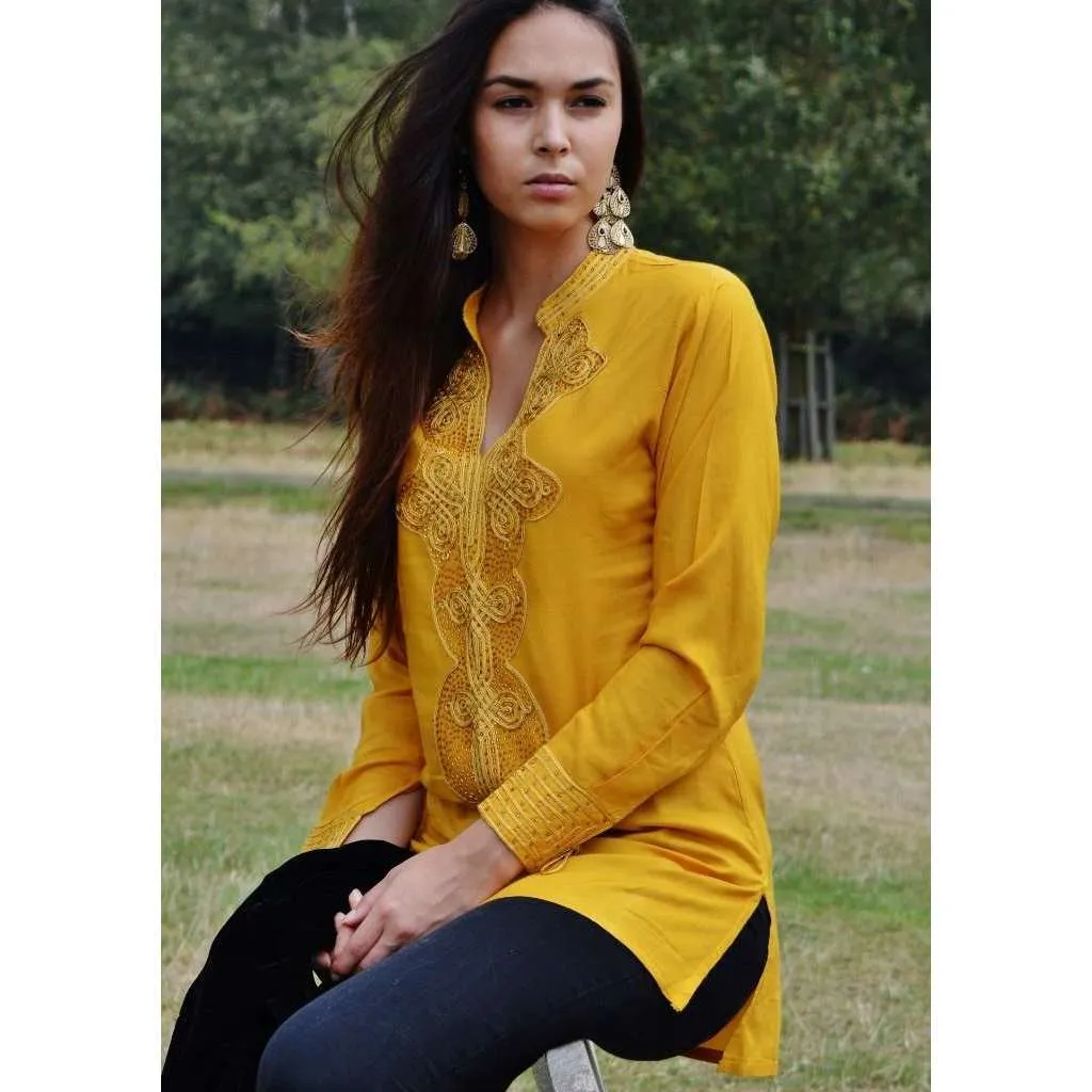 Dark Yellow Moroccan Bedouin Tunic- tunic, shirt, moroccan shirt, embroidery tunic