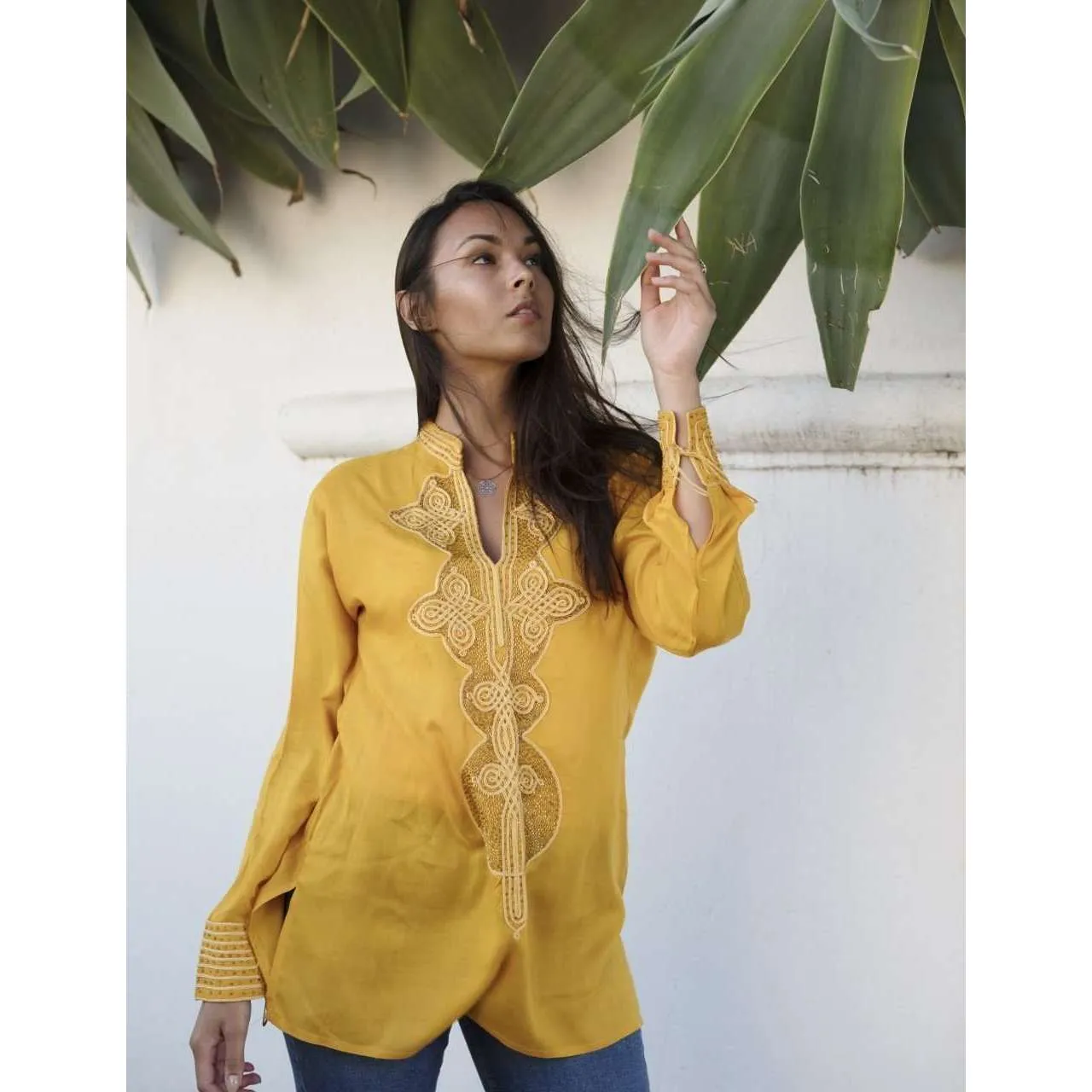 Dark Yellow Moroccan Bedouin Tunic- tunic, shirt, moroccan shirt, embroidery tunic