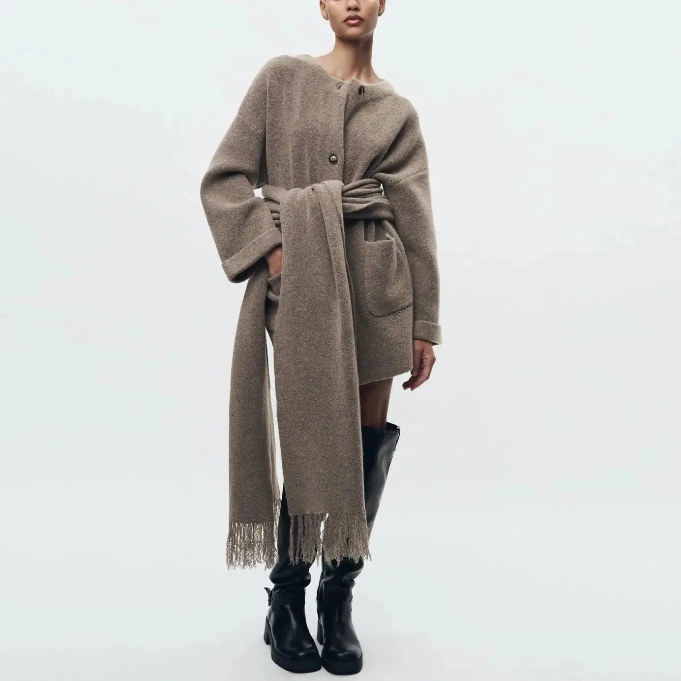 Effortless Chic Oversized Wool-Blend Coat with Wrap Scarf