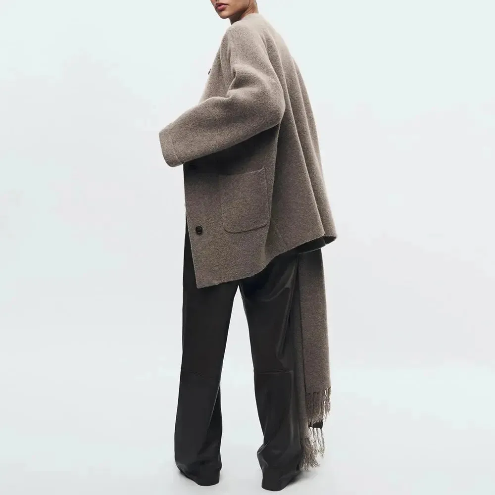 Effortless Chic Oversized Wool-Blend Coat with Wrap Scarf