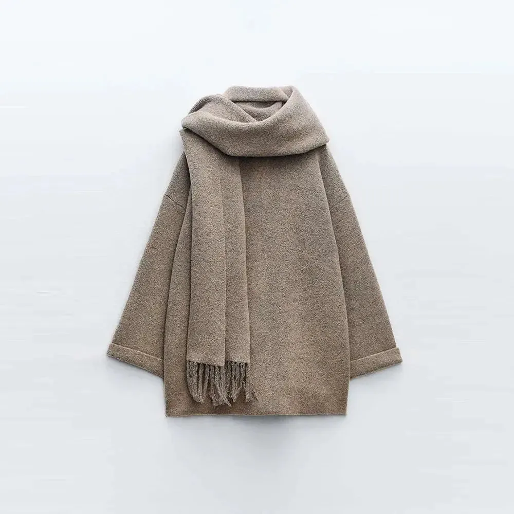 Effortless Chic Oversized Wool-Blend Coat with Wrap Scarf