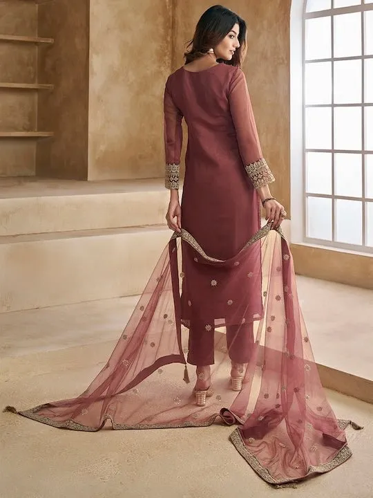 Embroidered Kurta with Trousers & Dupatta