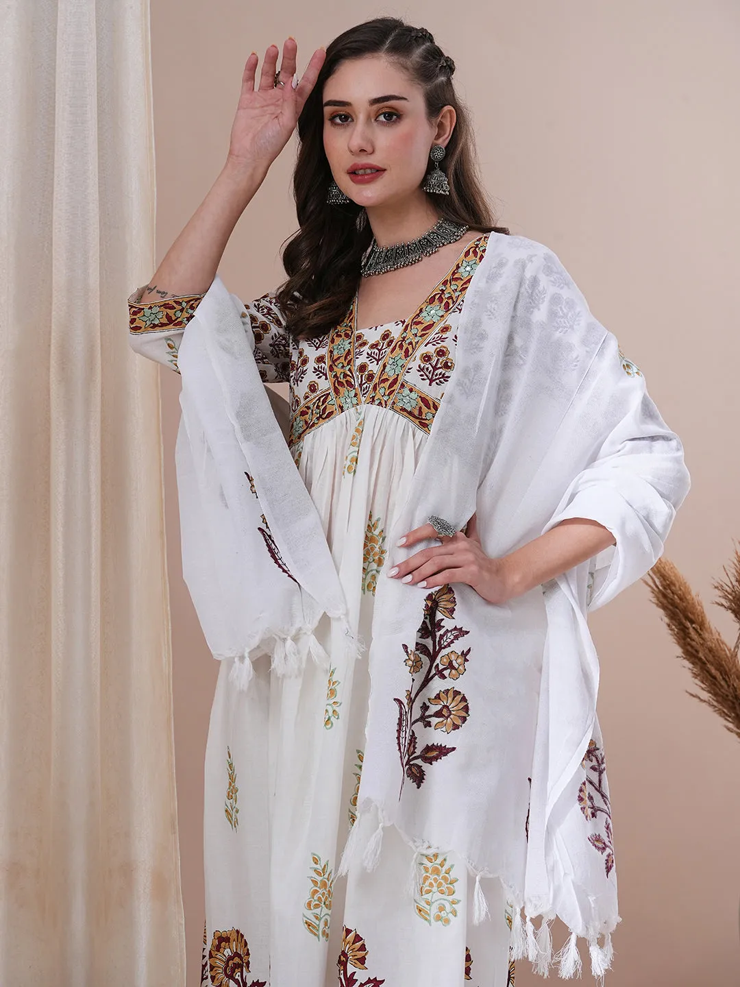 Ethnic Floral Block Printed A-Line Pleated Kurta with Pant and Printed Dupatta - White