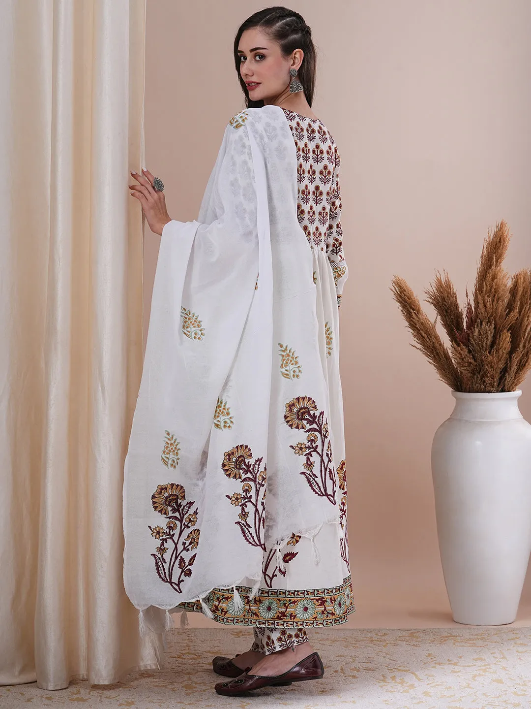 Ethnic Floral Block Printed A-Line Pleated Kurta with Pant and Printed Dupatta - White