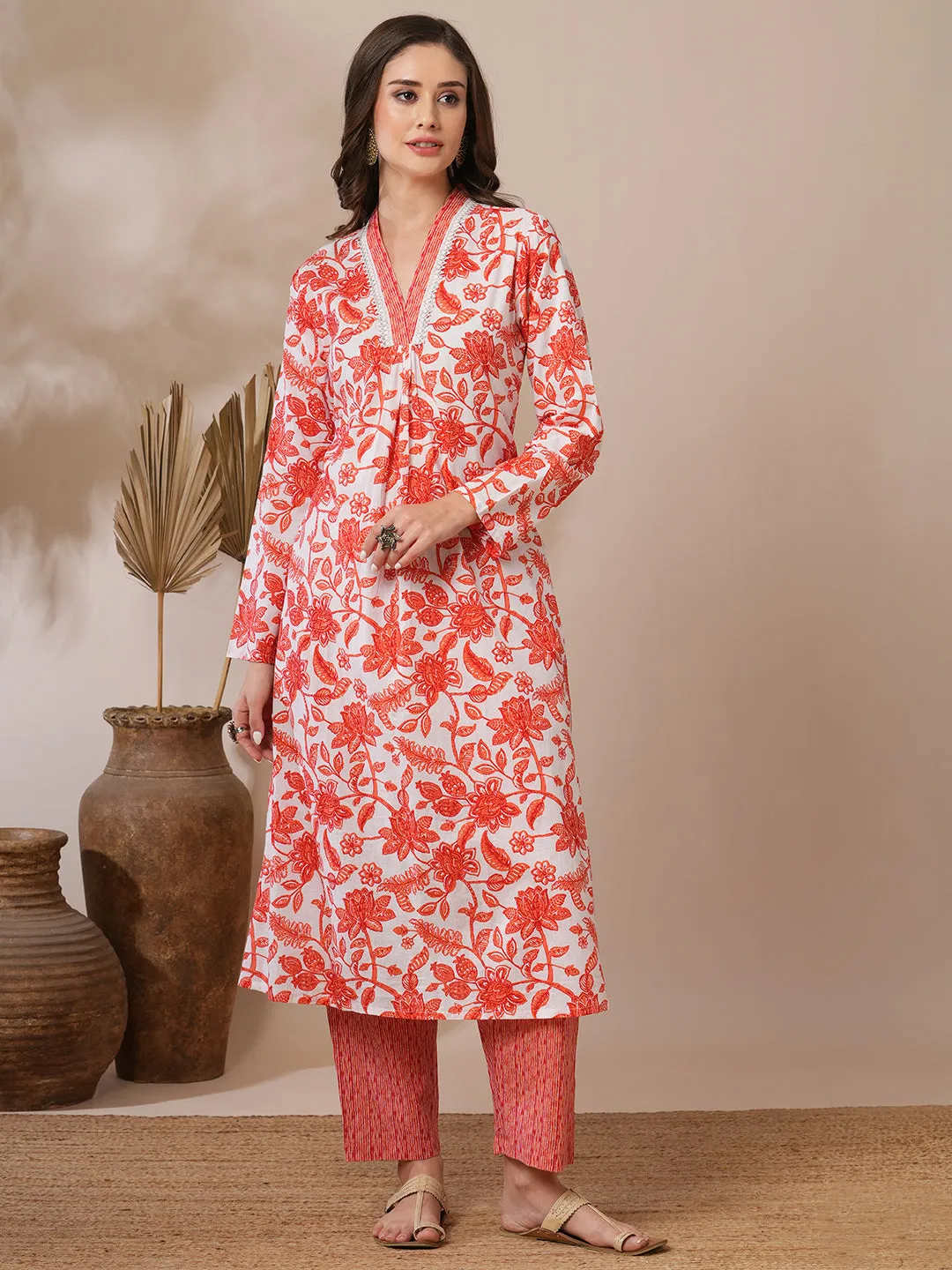 Ethnic Floral Printed A-Line Kurta with Stripes Printed Pant - Off White