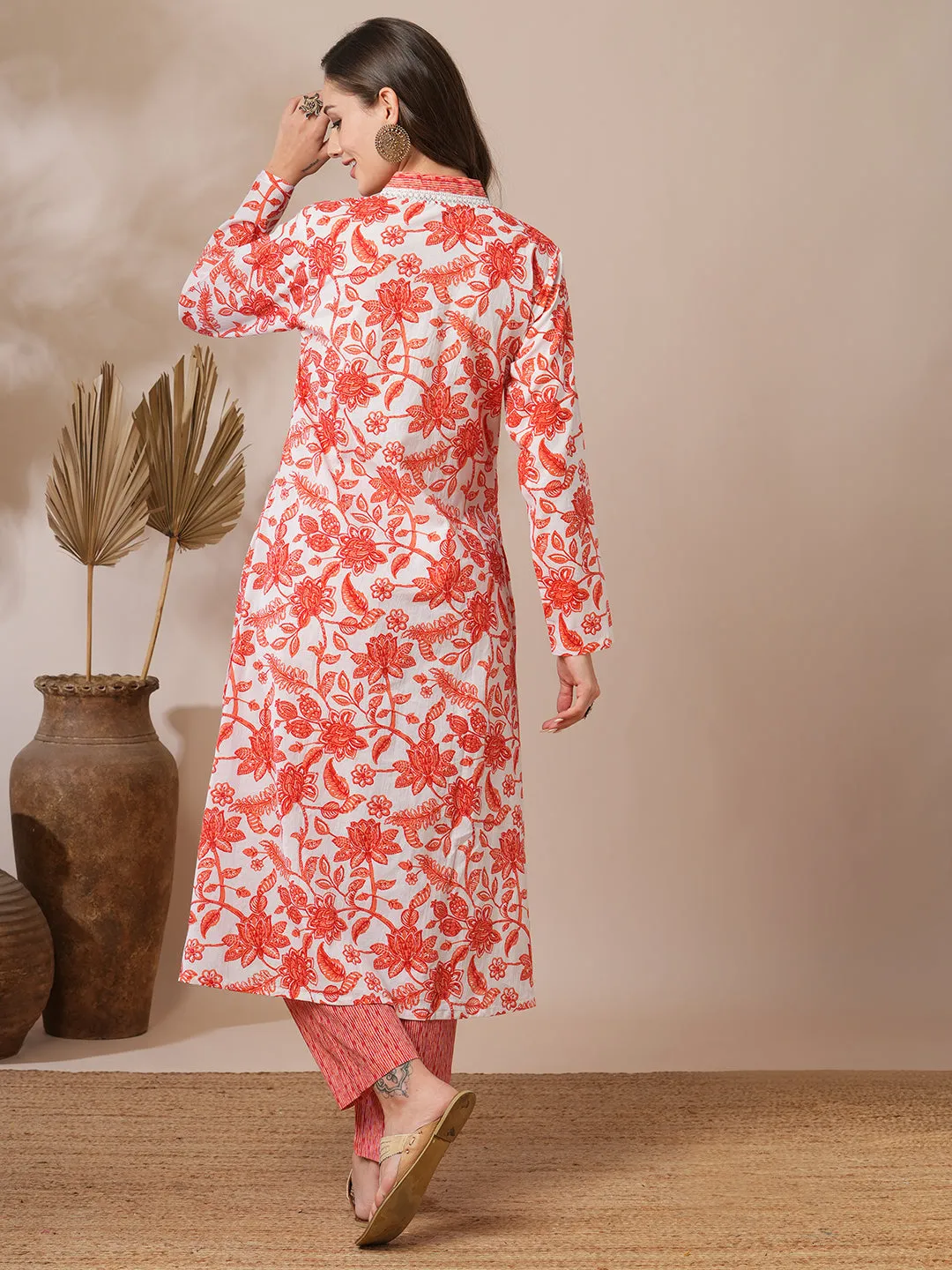 Ethnic Floral Printed A-Line Kurta with Stripes Printed Pant - Off White