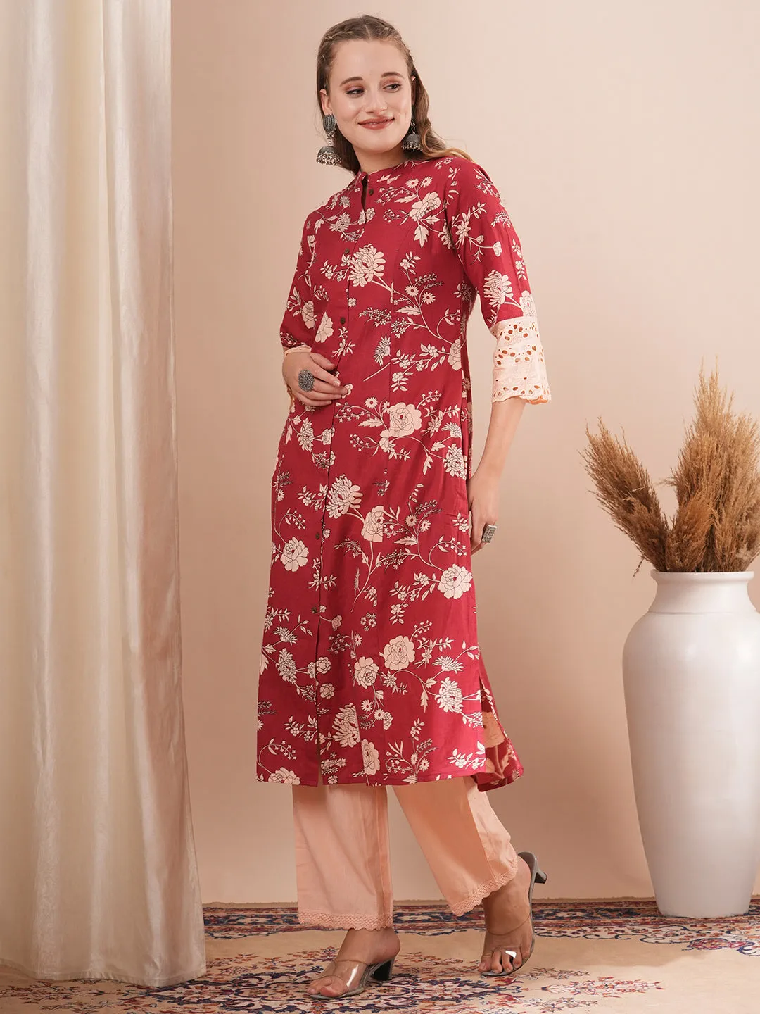 Ethnic Floral Printed A-Line Paneled Kurta with Pant - Red