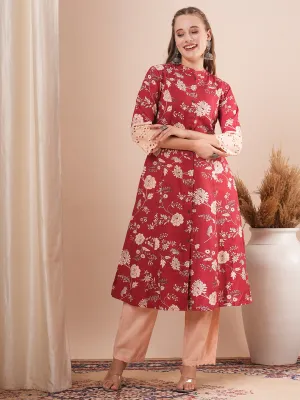 Ethnic Floral Printed A-Line Paneled Kurta with Pant - Red