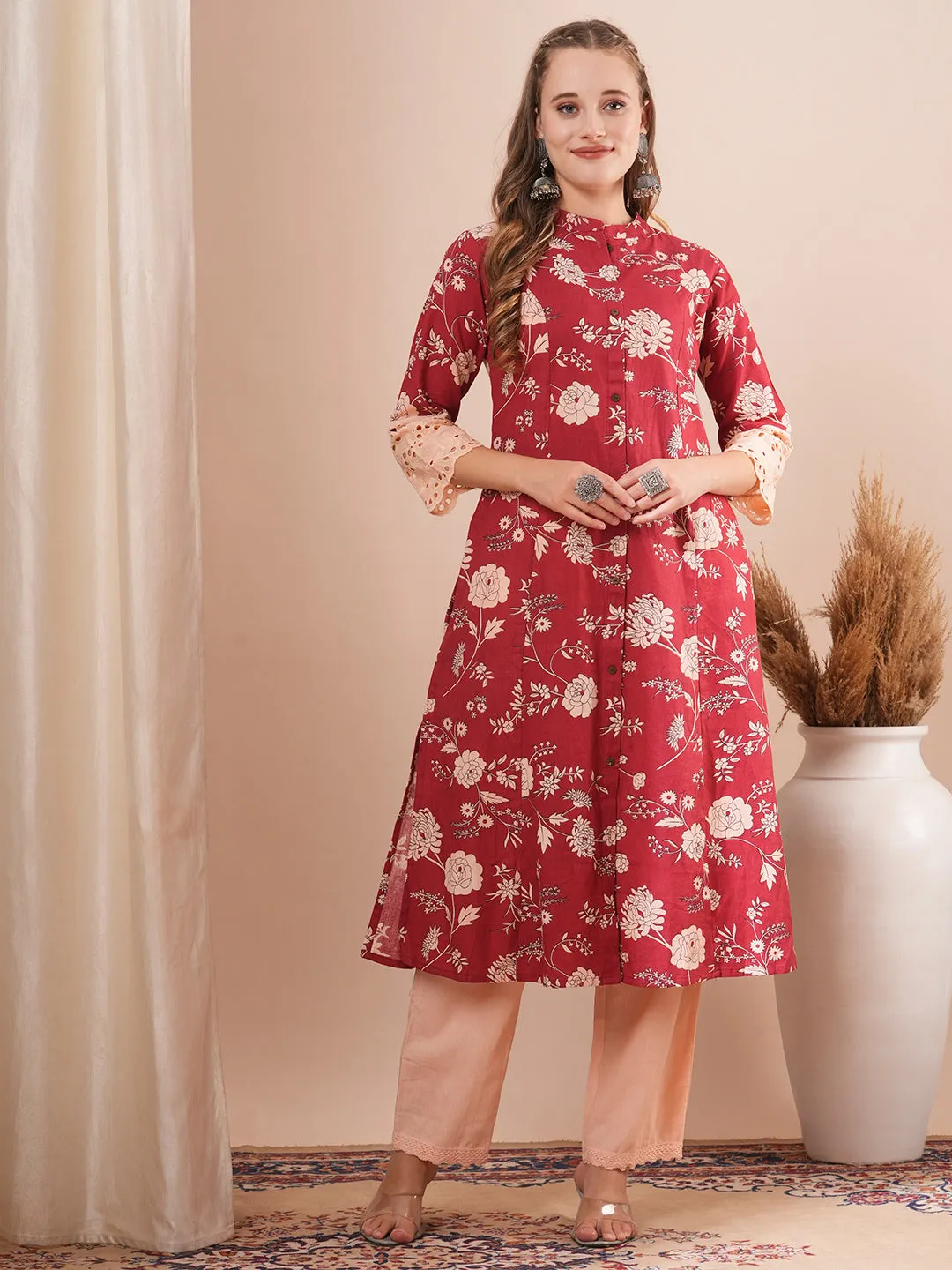 Ethnic Floral Printed A-Line Paneled Kurta with Pant - Red