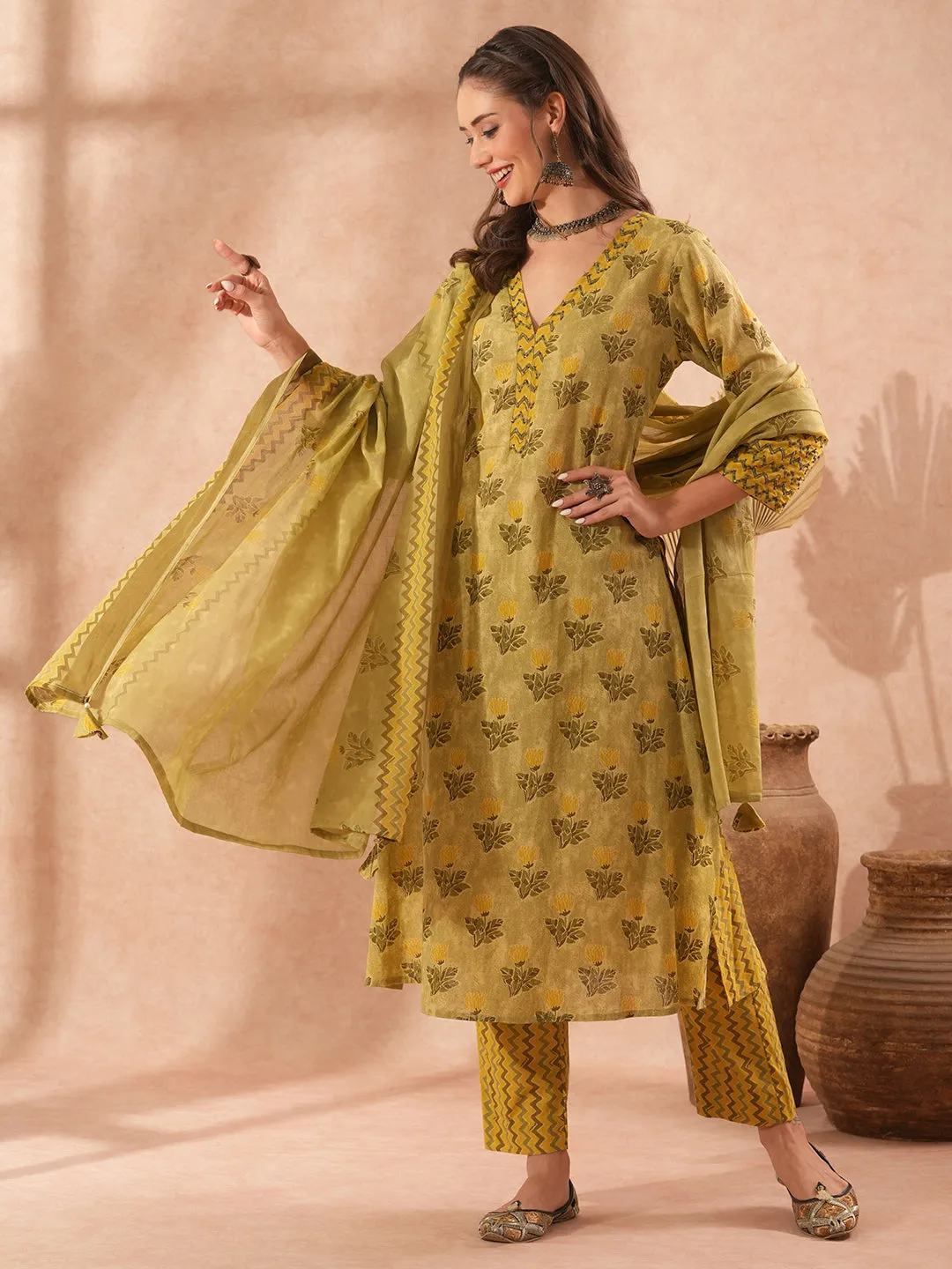 Ethnic Floral Printed & Embroidered A-Line Kurta with Pant & Dupatta - Green