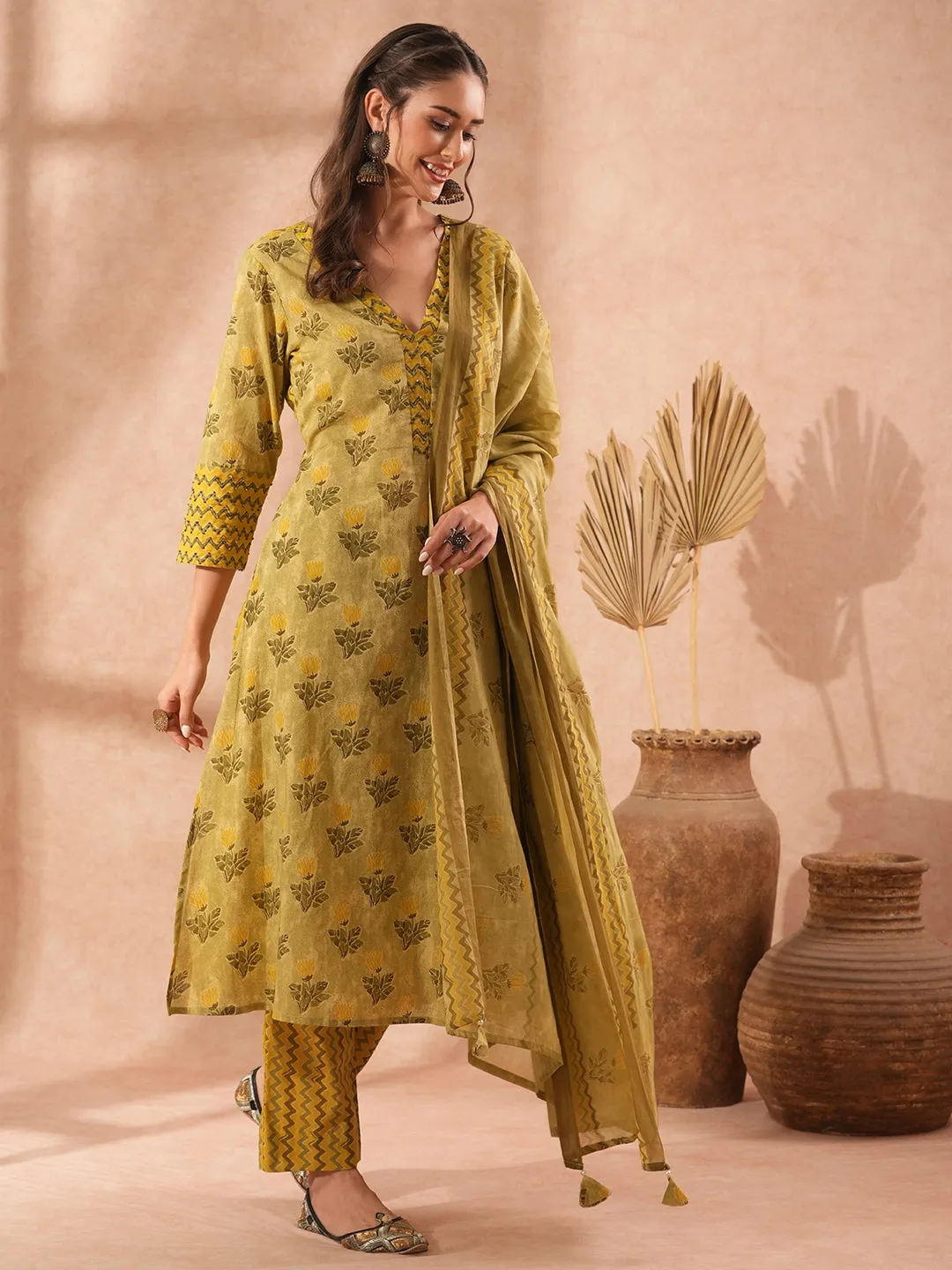 Ethnic Floral Printed & Embroidered A-Line Kurta with Pant & Dupatta - Green