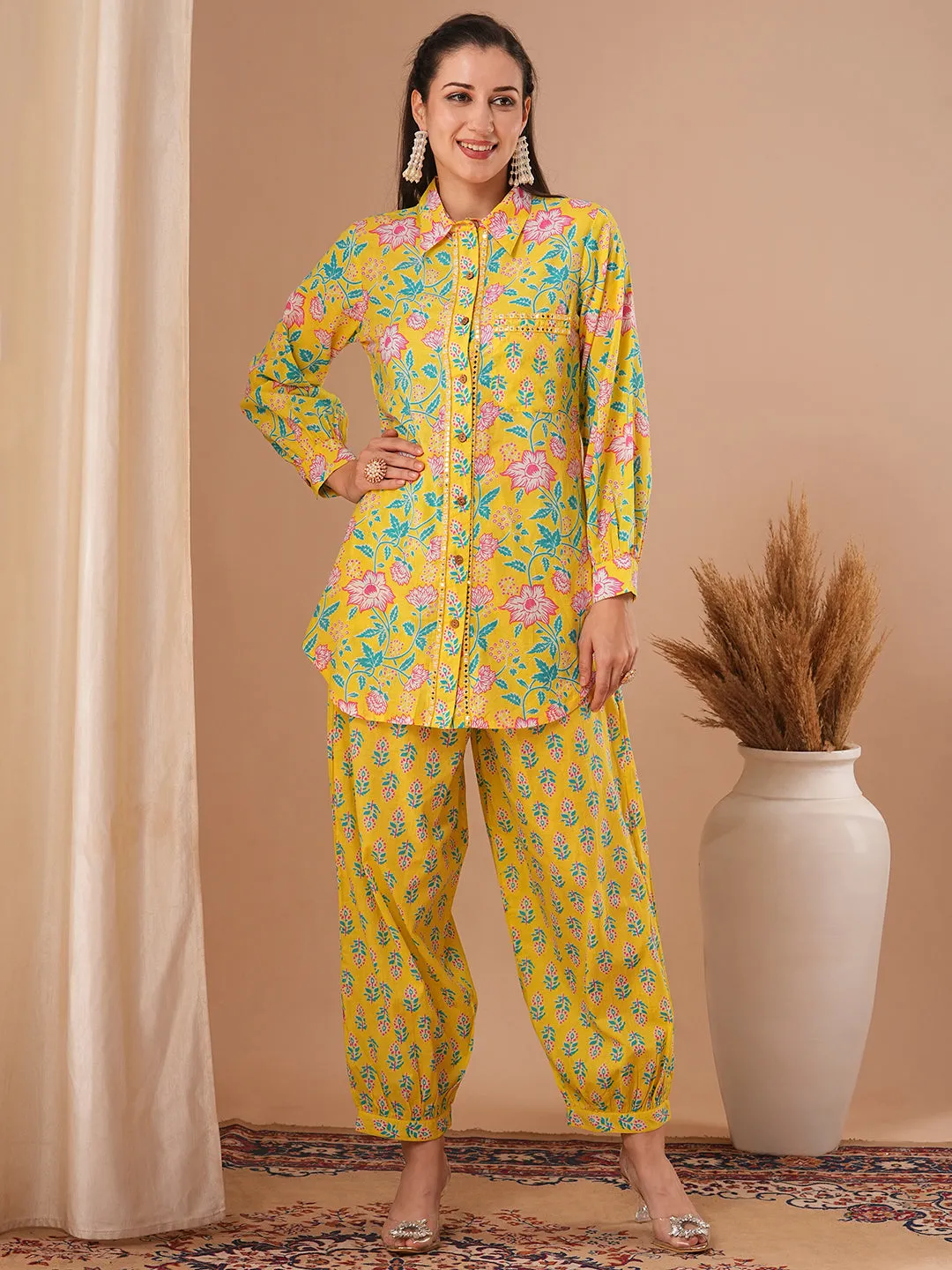 Ethnic Floral Printed Straight Fit Shirt with Balloon Pant - Yellow