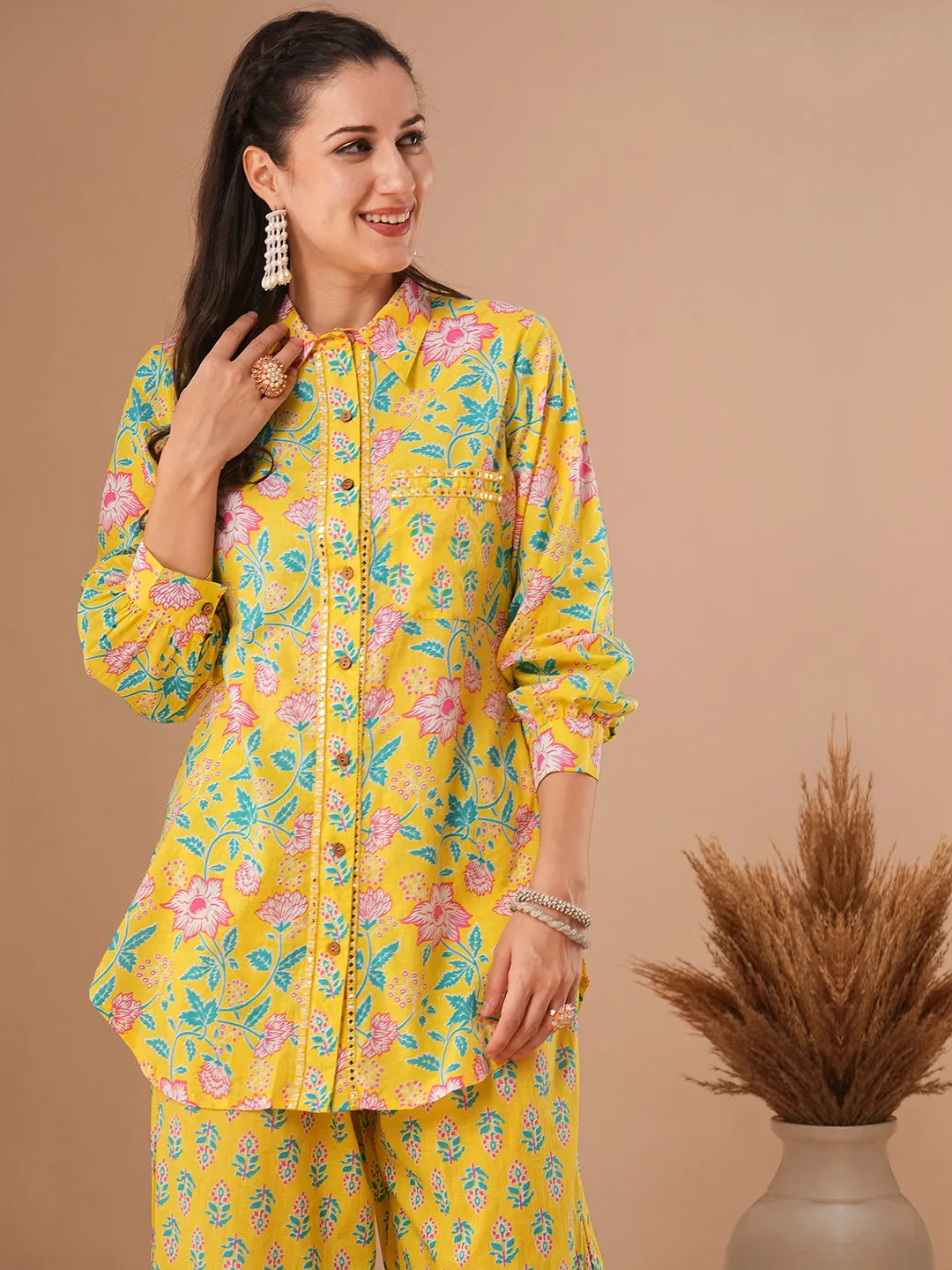 Ethnic Floral Printed Straight Fit Shirt with Balloon Pant - Yellow