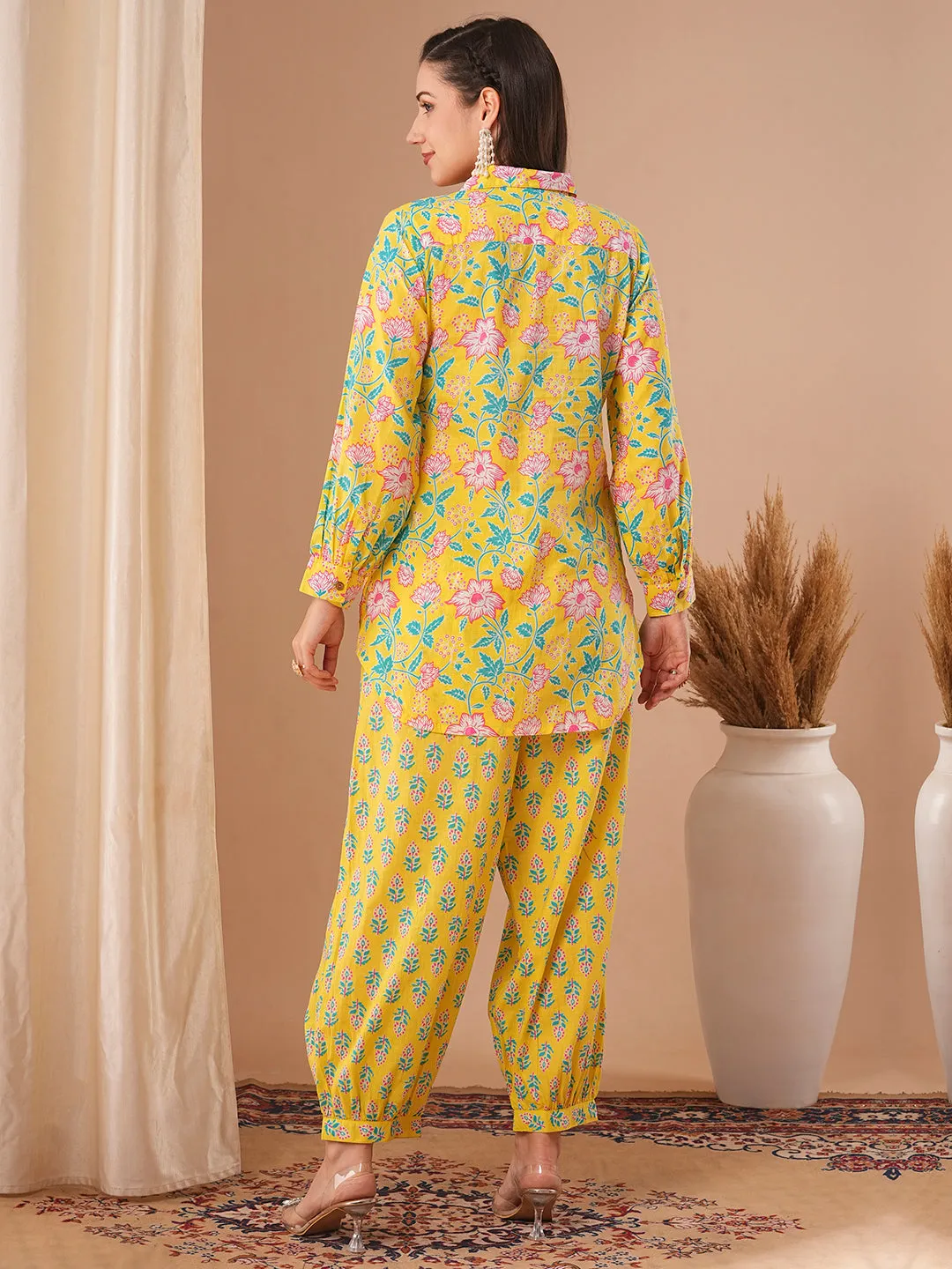 Ethnic Floral Printed Straight Fit Shirt with Balloon Pant - Yellow