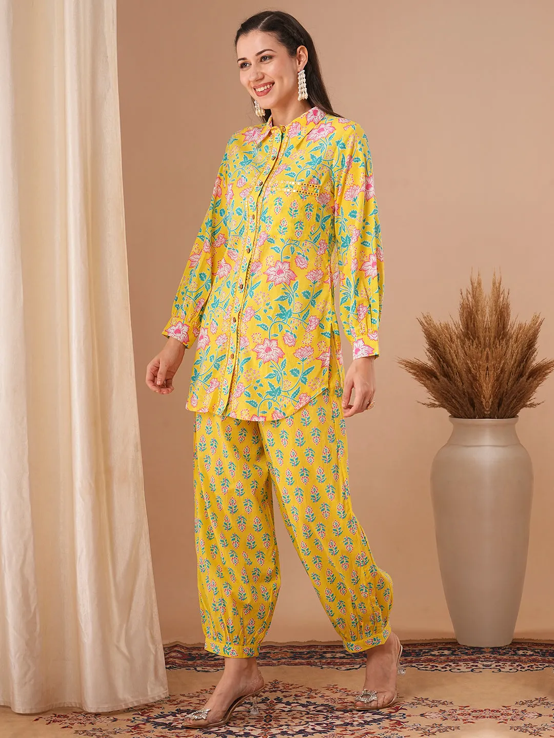 Ethnic Floral Printed Straight Fit Shirt with Balloon Pant - Yellow