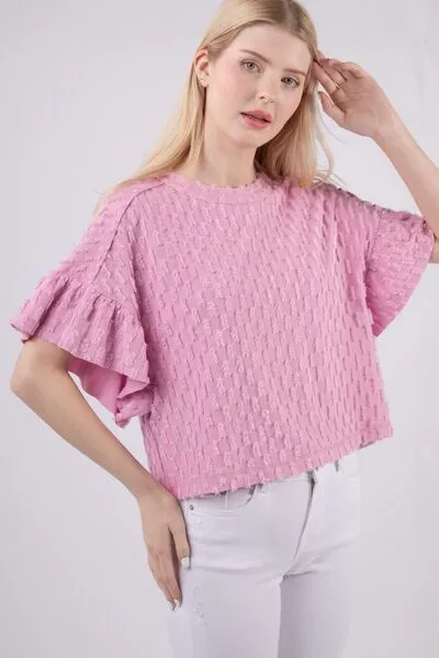 Full Size Texture Ruffle Short Sleeve Top