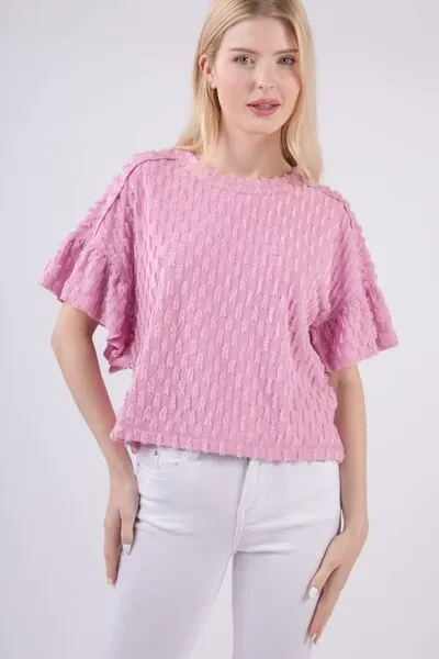 Full Size Texture Ruffle Short Sleeve Top