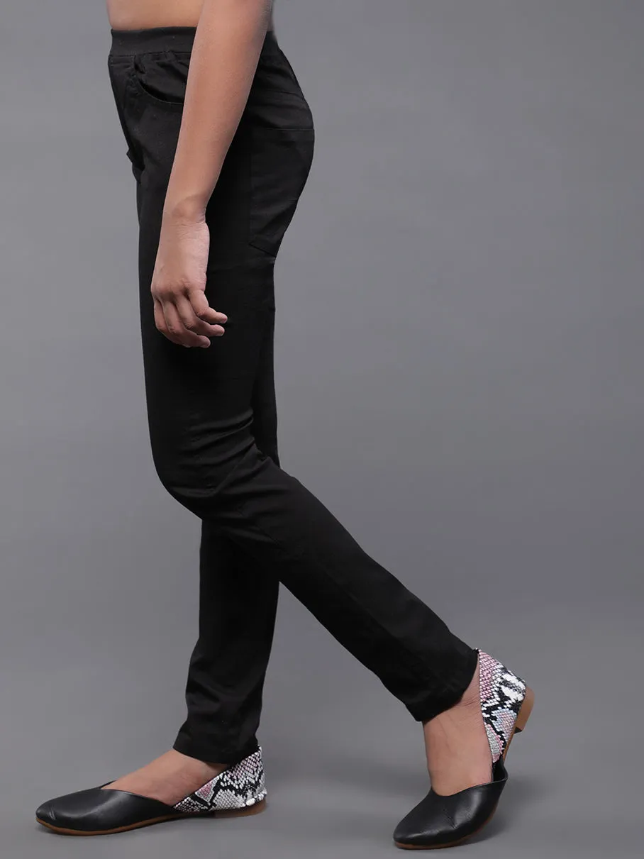 Girl's Black Solid Cigarette Trousers - Aks Girls