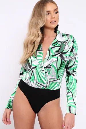 Green Geometric Print Plunge Satin Bodysuit - Hetty