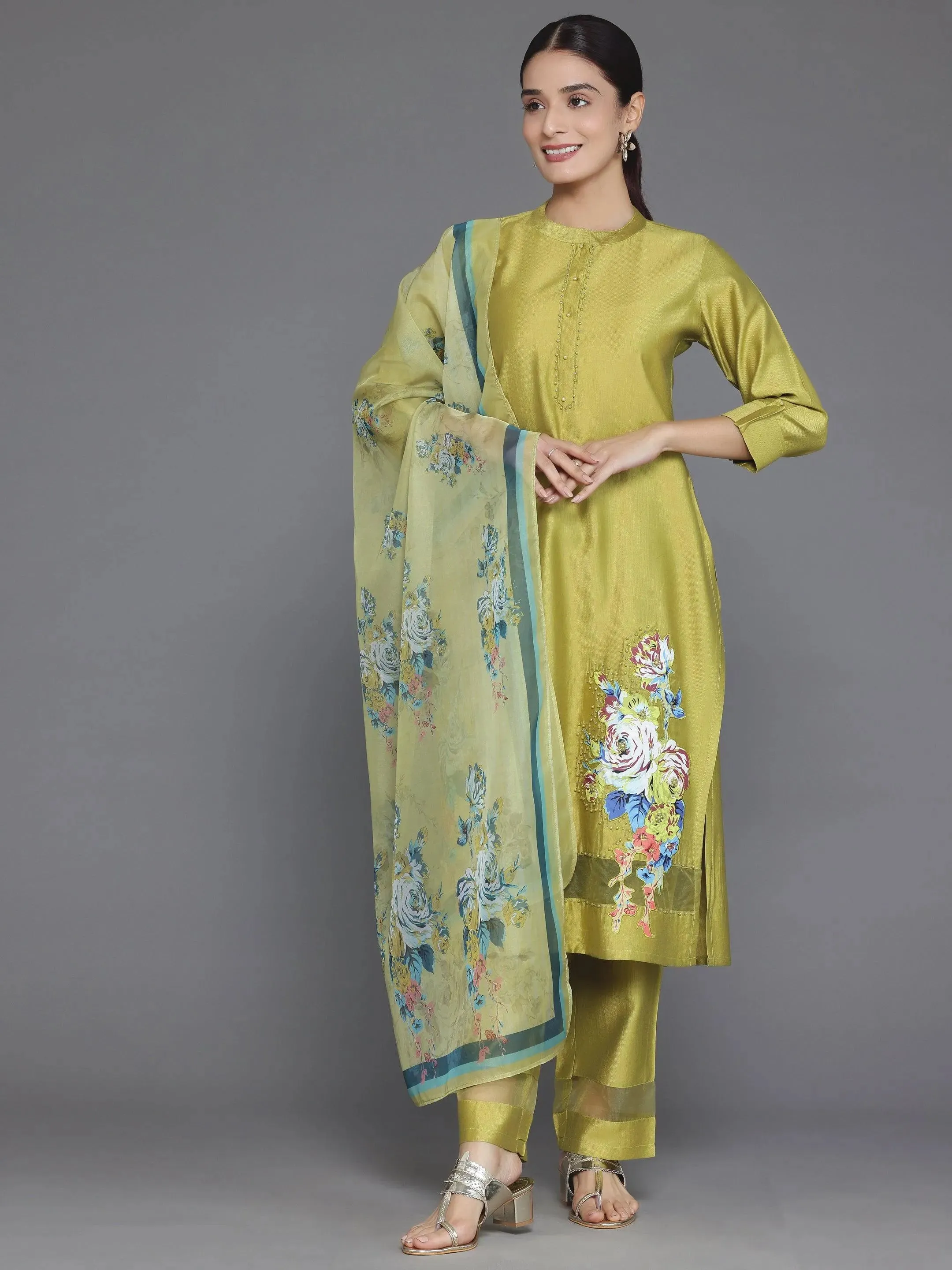 Green Self Design Silk Blend Straight Suit With Dupatta