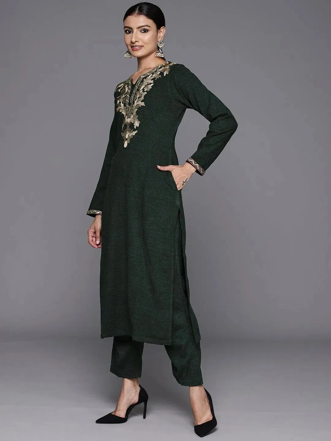 Green Yoke Design Wool Straight Kurta Set