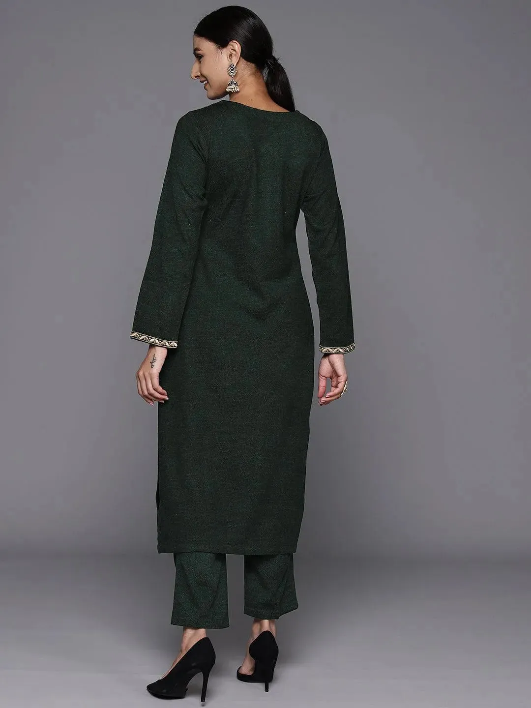 Green Yoke Design Wool Straight Kurta Set