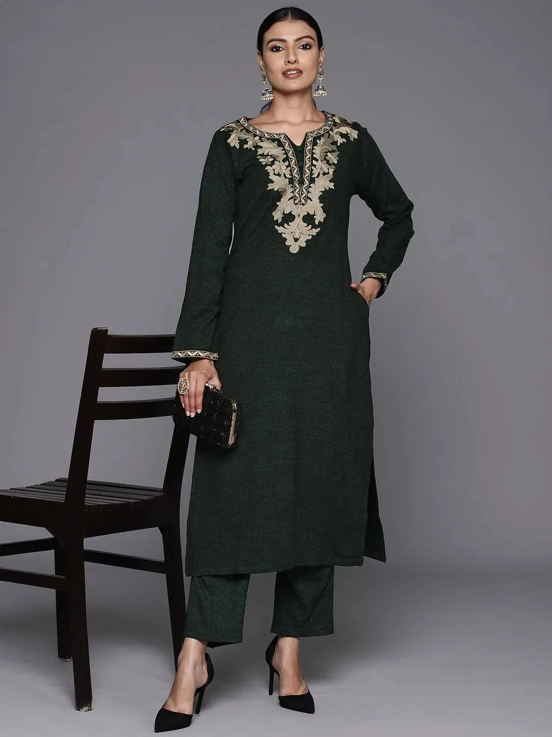 Green Yoke Design Wool Straight Kurta Set